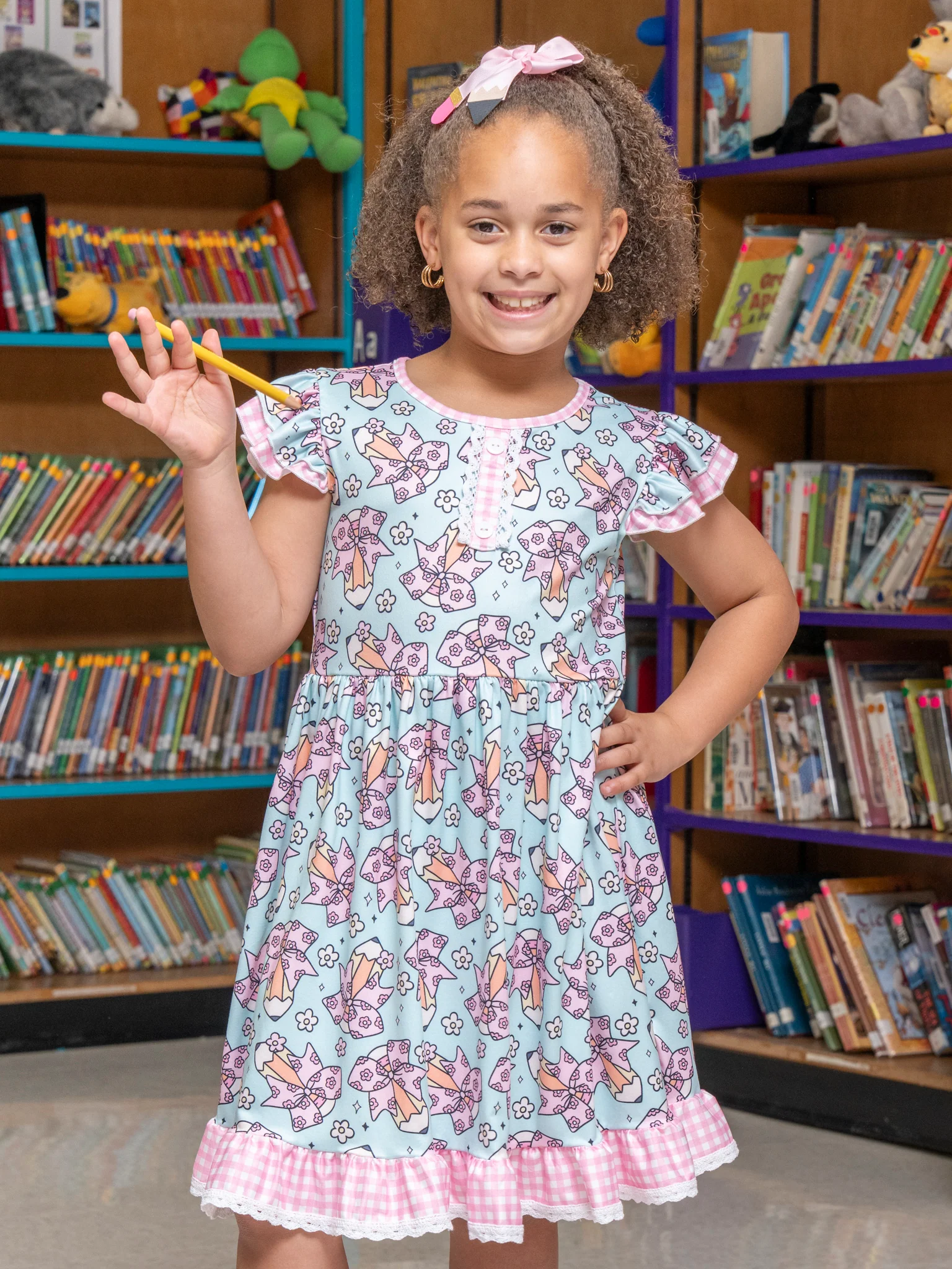 Pencil Bows Gingham Ruffle Dress