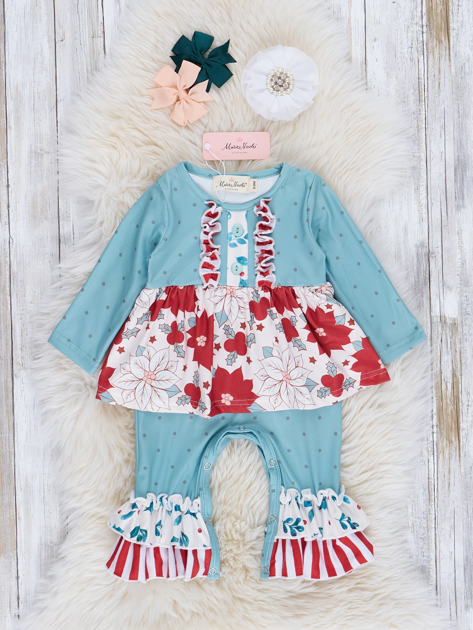 Peppermint Poinsettias Ruffle Romper