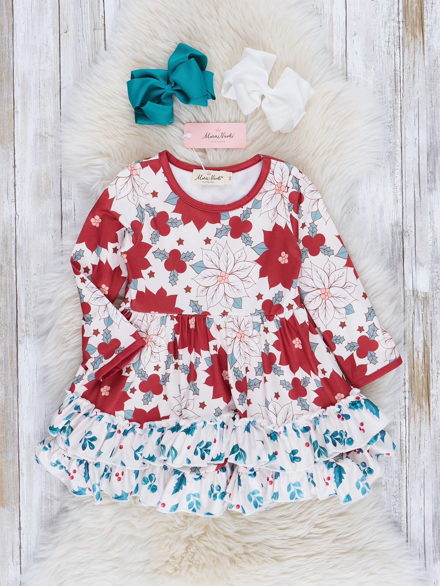 Peppermint Poinsettias Tiered Ruffle Dress