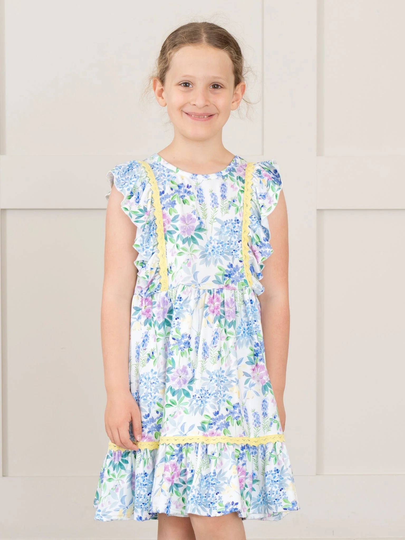 Periwinkle & Yellow Painted Blooms Ruffle Dress