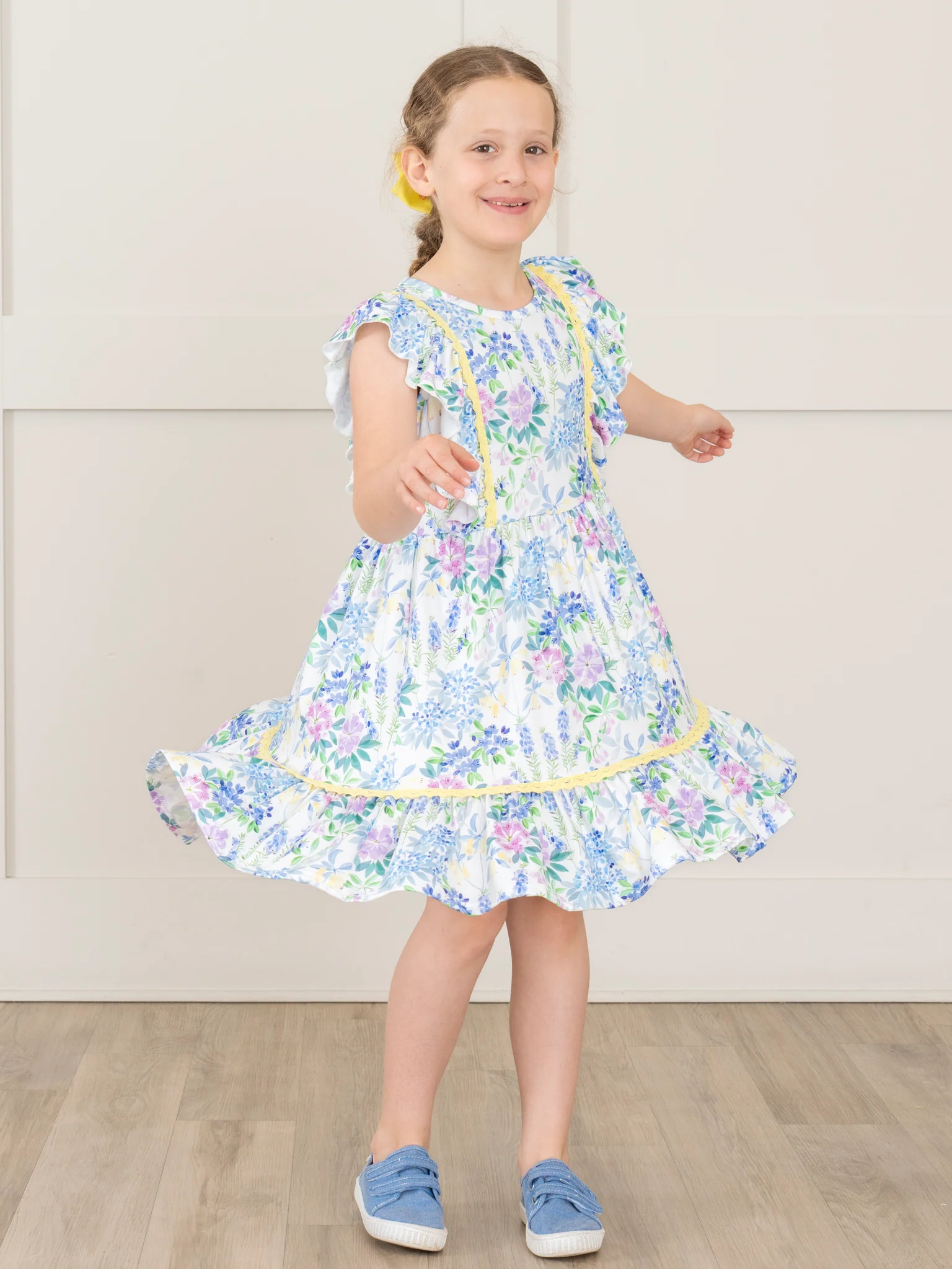 Periwinkle & Yellow Painted Blooms Ruffle Dress - Image 3
