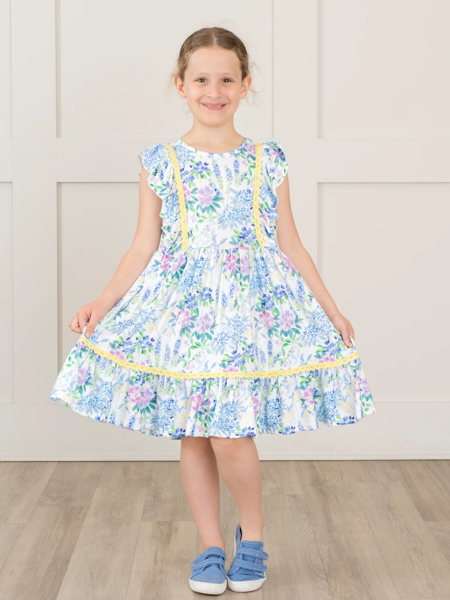 Periwinkle & Yellow Painted Blooms Ruffle Dress - Image 4