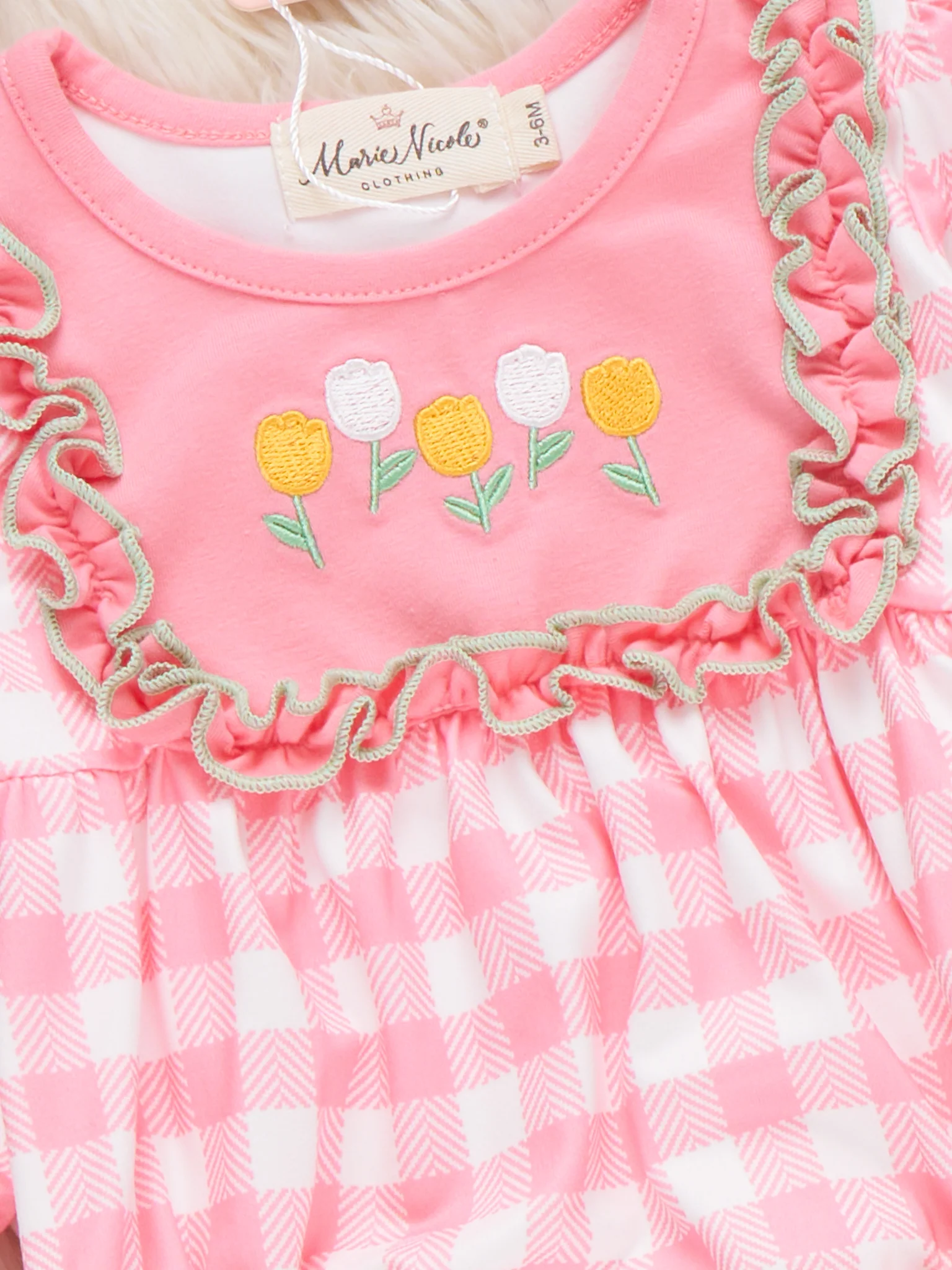 Petal Check Embroidered Ruffle Bubble Romper - Image 2