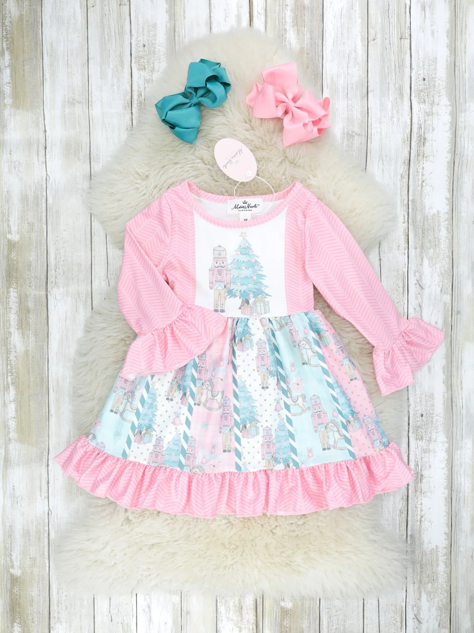 Pink & Blue Christmas Tree Ruffle Dress