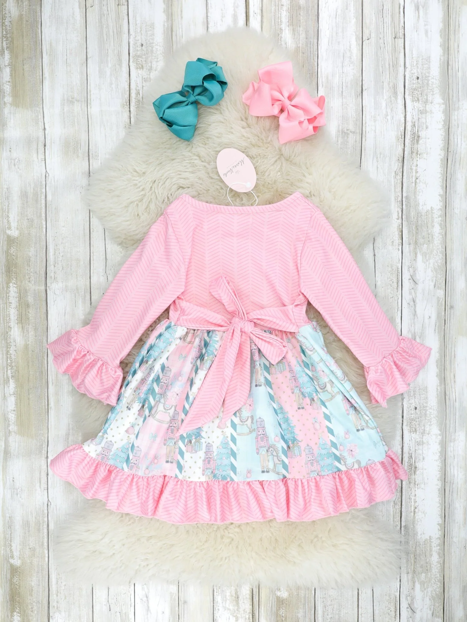 Pink & Blue Christmas Tree Ruffle Dress - Image 2
