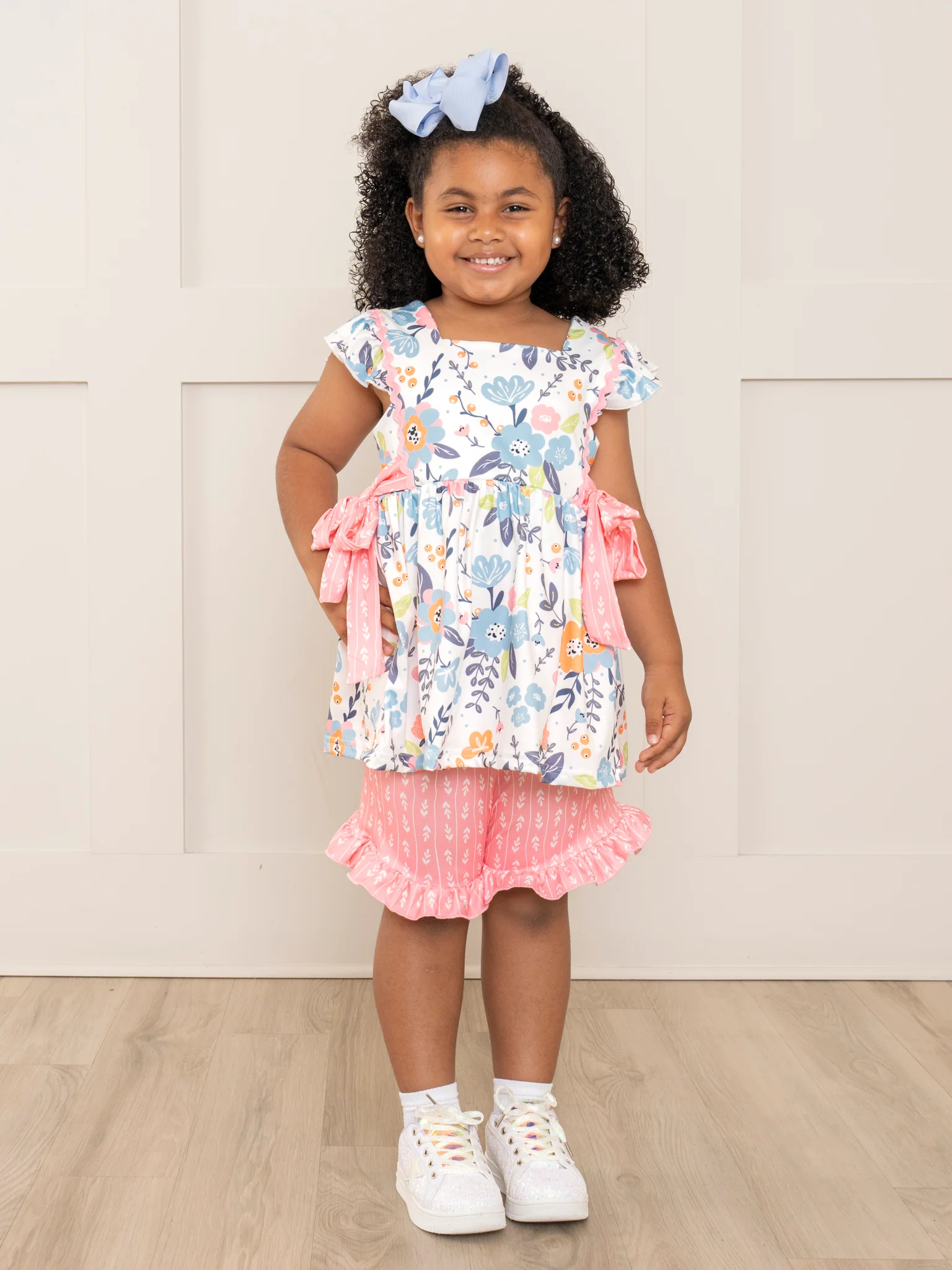 Pink & Blue Floral Bow Ruffle Outfit - Image 5