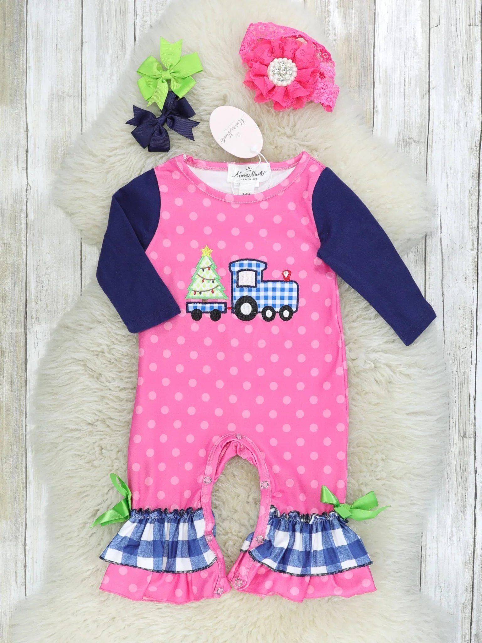 Pink & Blue Gingham Christmas Tree Truck Raglan Ruffle Romper