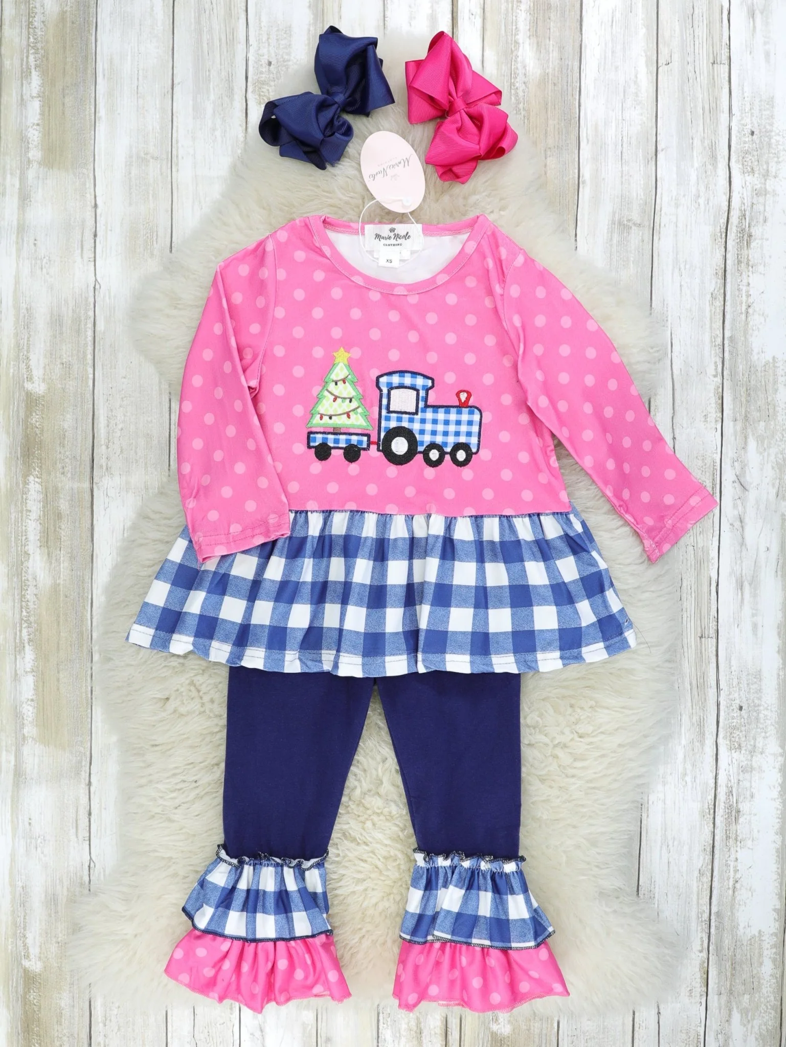 Pink & Blue Gingham Christmas Tree Truck Ruffle Outfit