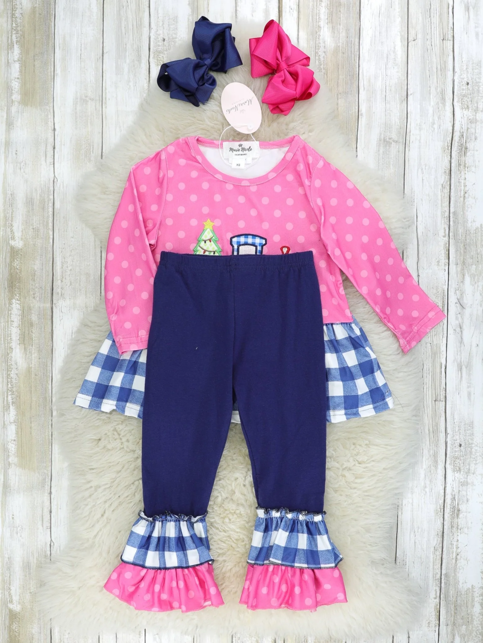 Pink & Blue Gingham Christmas Tree Truck Ruffle Outfit - Image 2