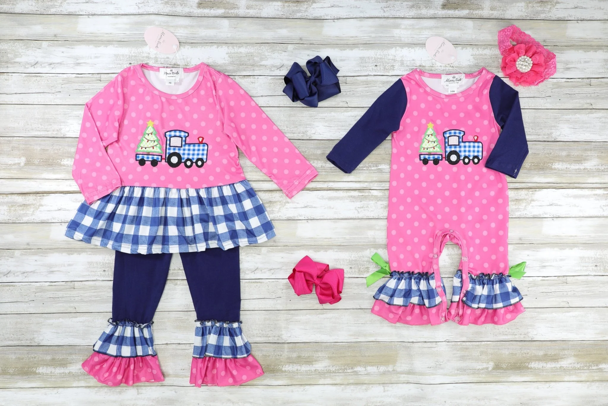 Pink & Blue Gingham Christmas Tree Truck Ruffle Outfit - Image 3