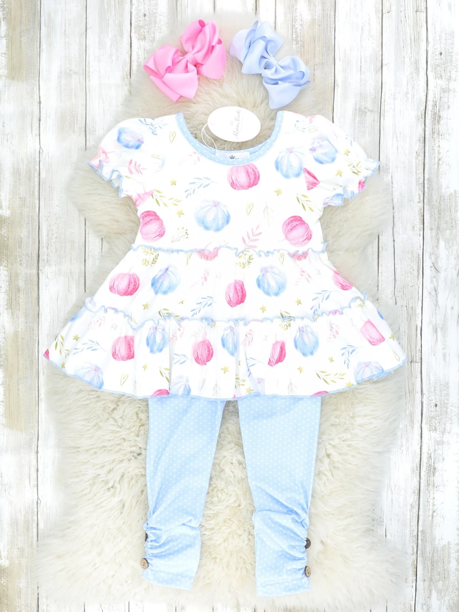 Pink & Blue Pumpkin Tiered Ruffle Top & Polka Dot Bottoms Outfit