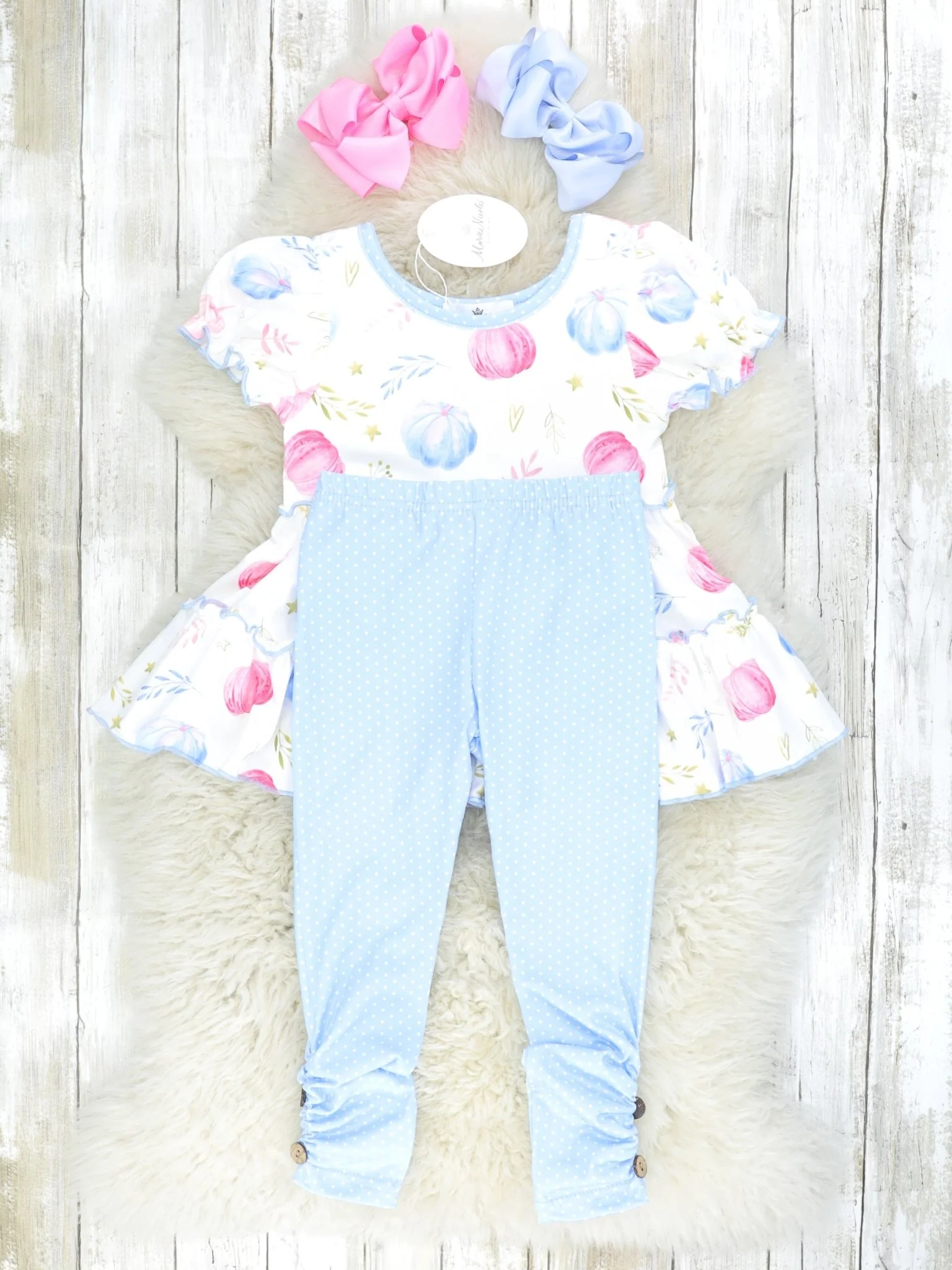 Pink & Blue Pumpkin Tiered Ruffle Top & Polka Dot Bottoms Outfit - Image 2