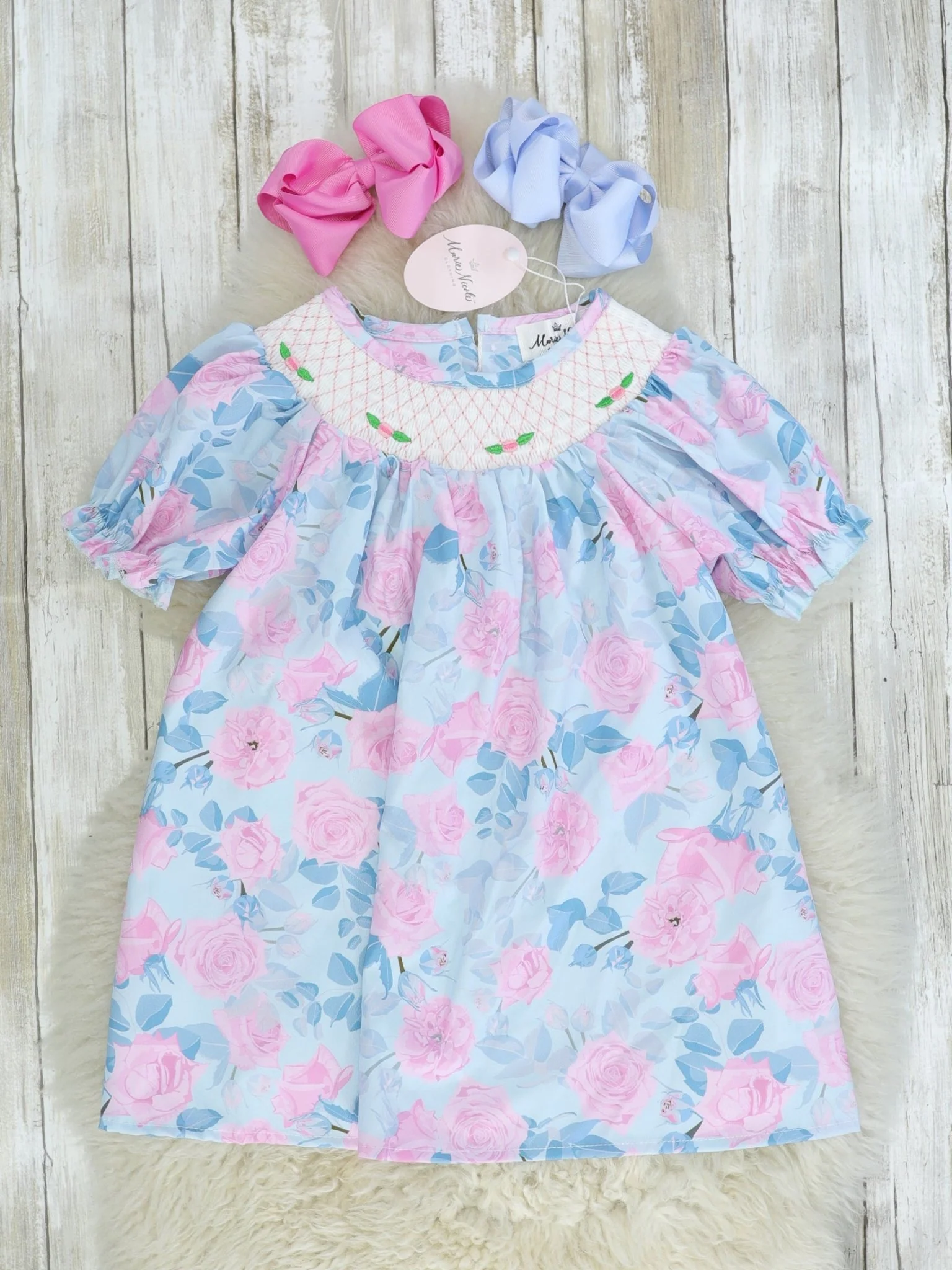 Pink & Blue Rose Smocked Dress