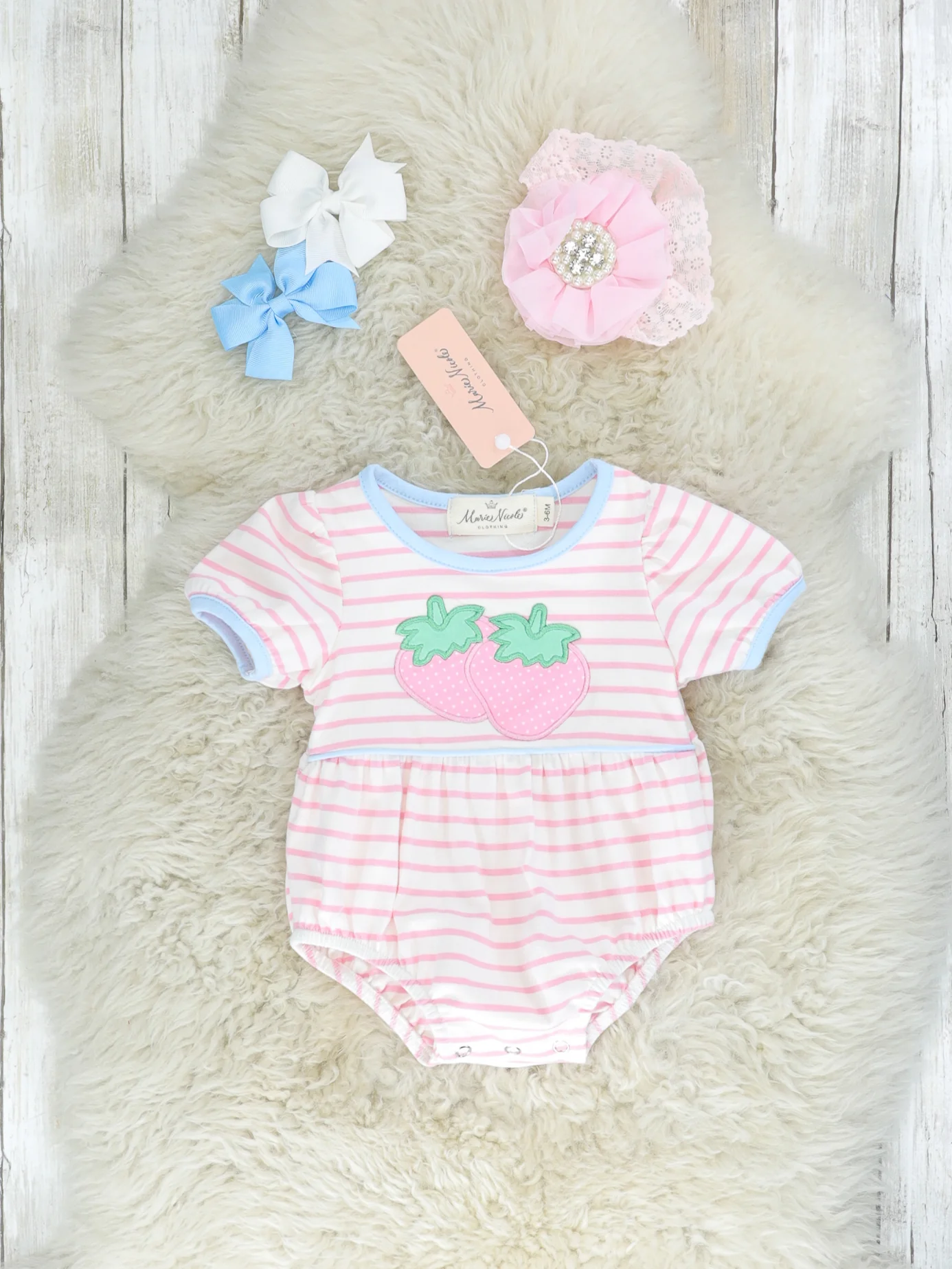 Pink & Blue Striped Strawberry Ruffle Bubble Romper