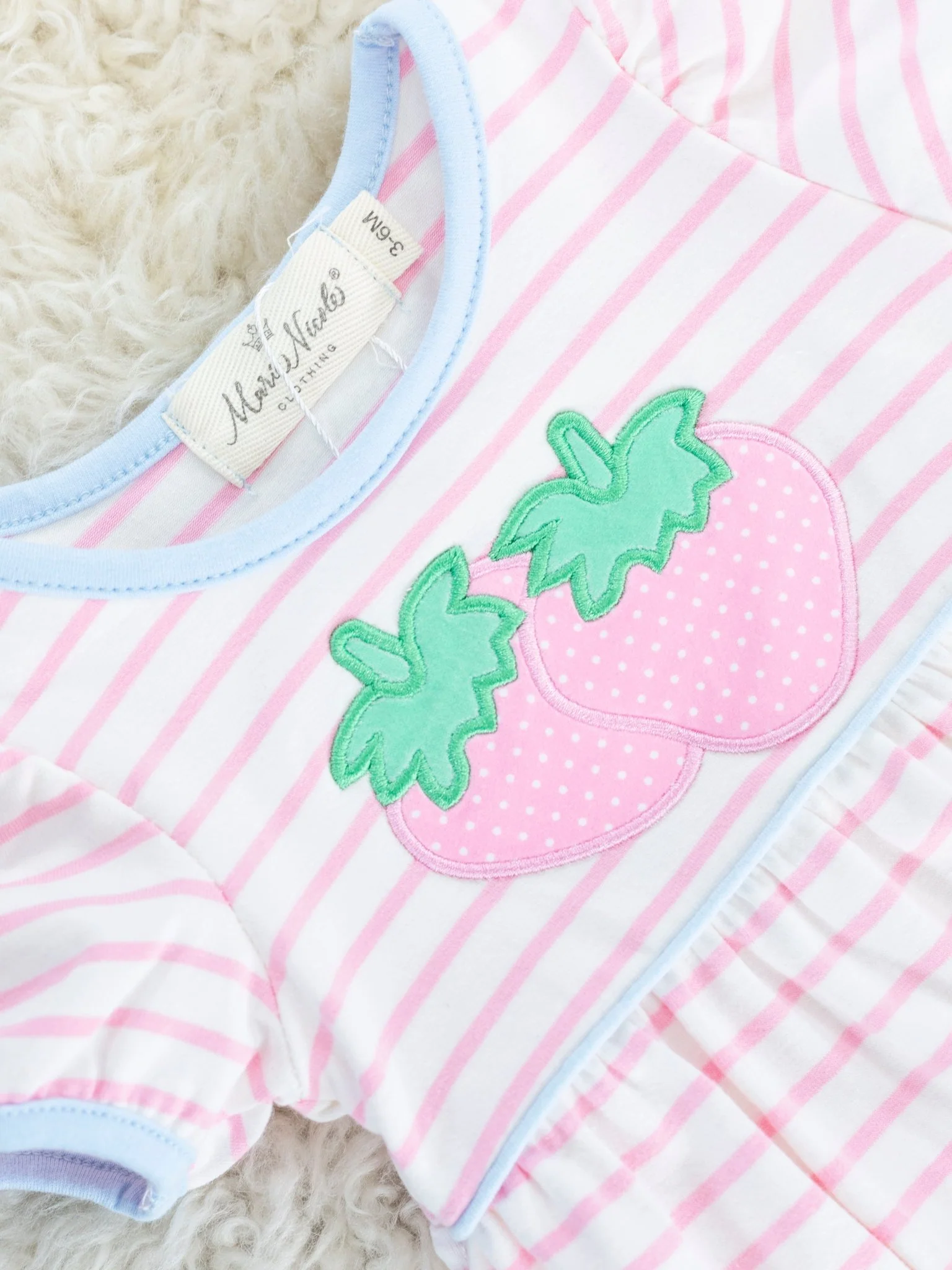 Pink & Blue Striped Strawberry Ruffle Bubble Romper - Image 2