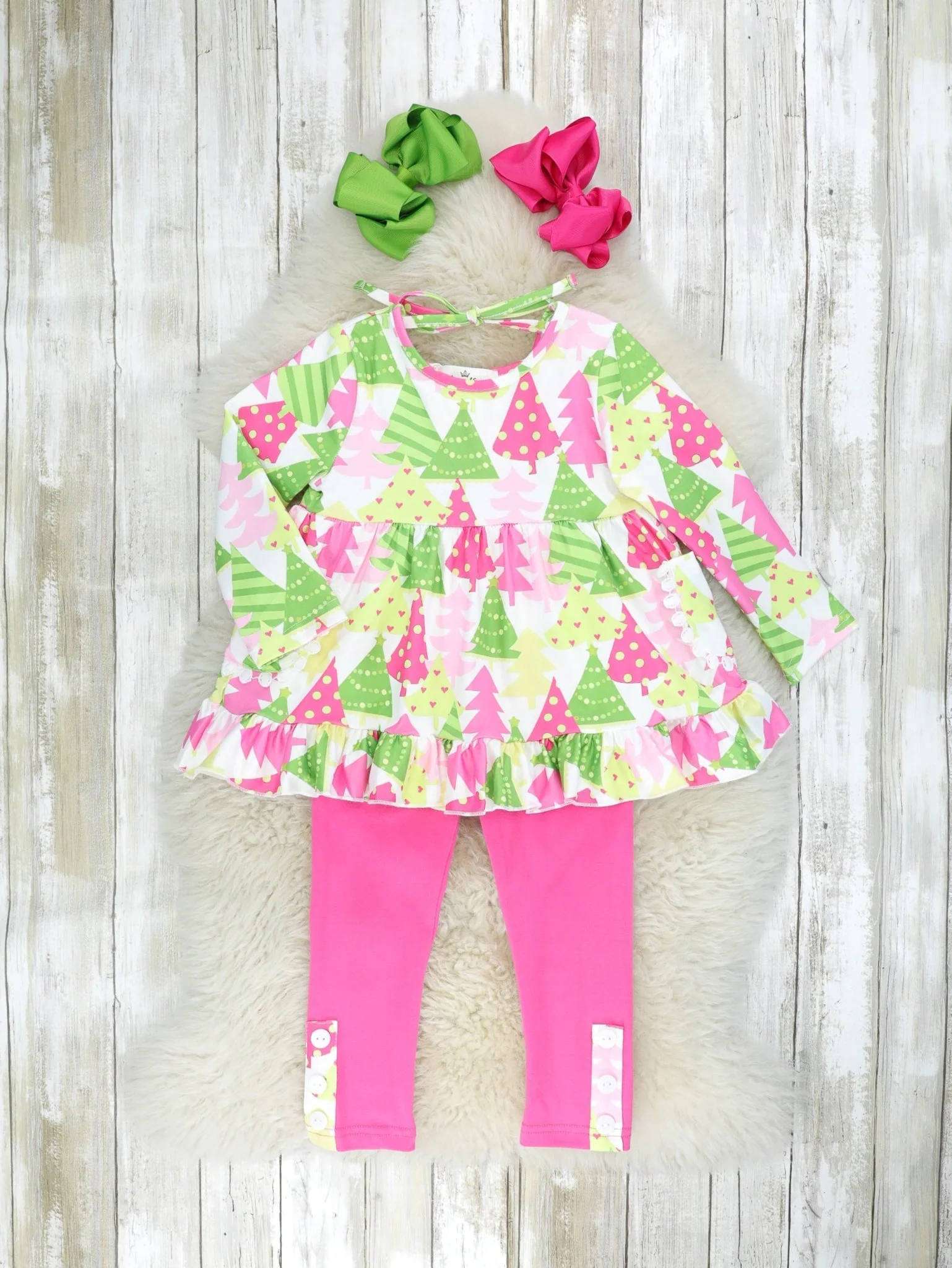 Pink & Green Christmas Tree Ruffle Outfit