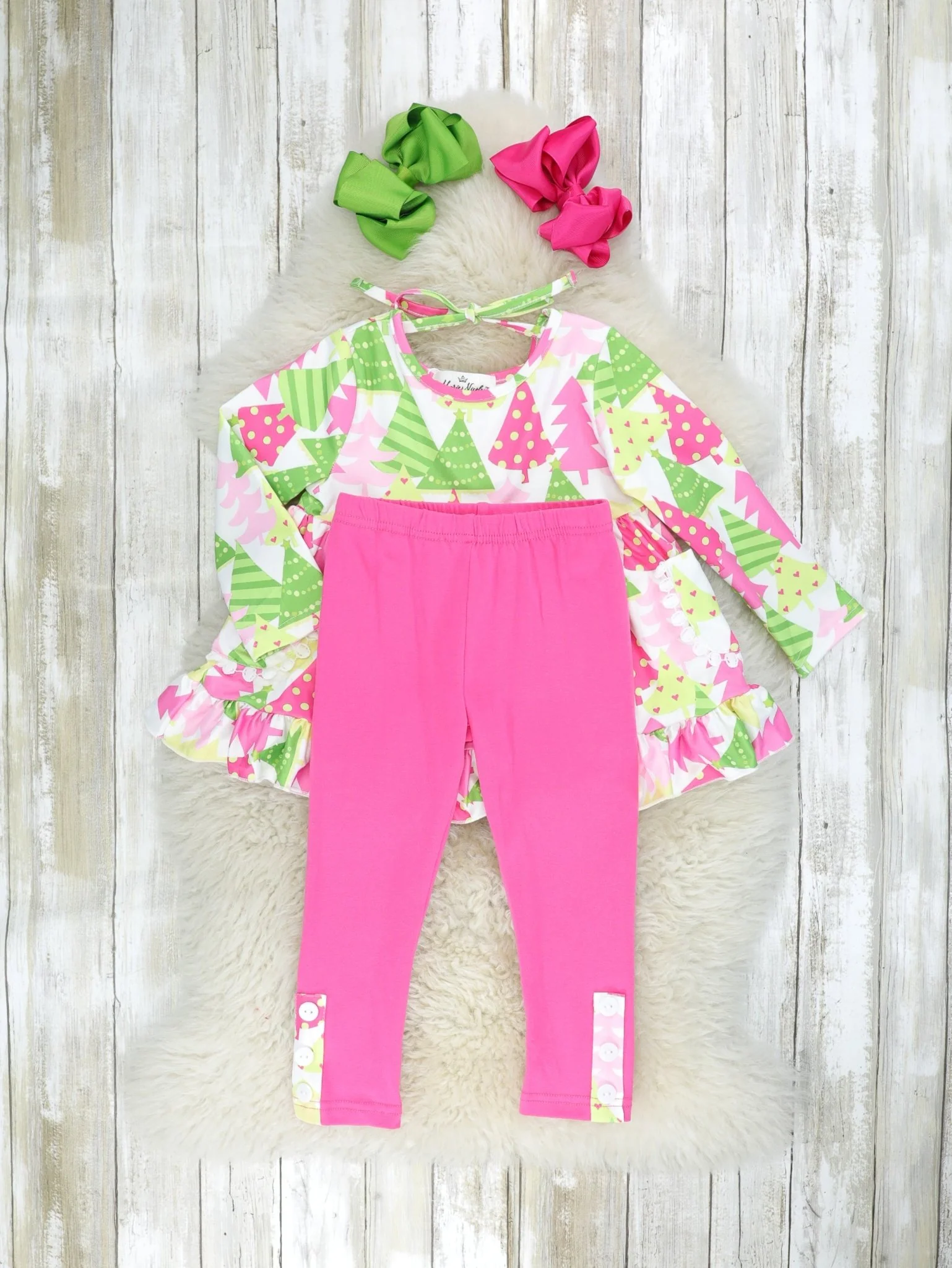 Pink & Green Christmas Tree Ruffle Outfit - Image 2