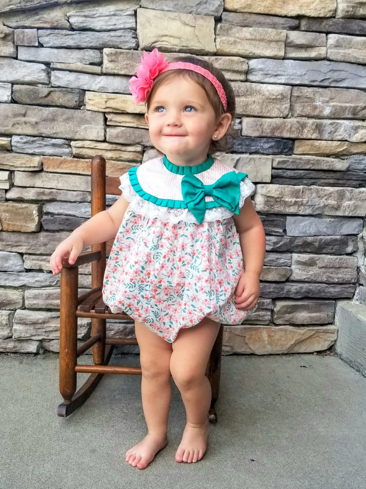 Pink & Green Floral Bow Bubble Romper - Image 4