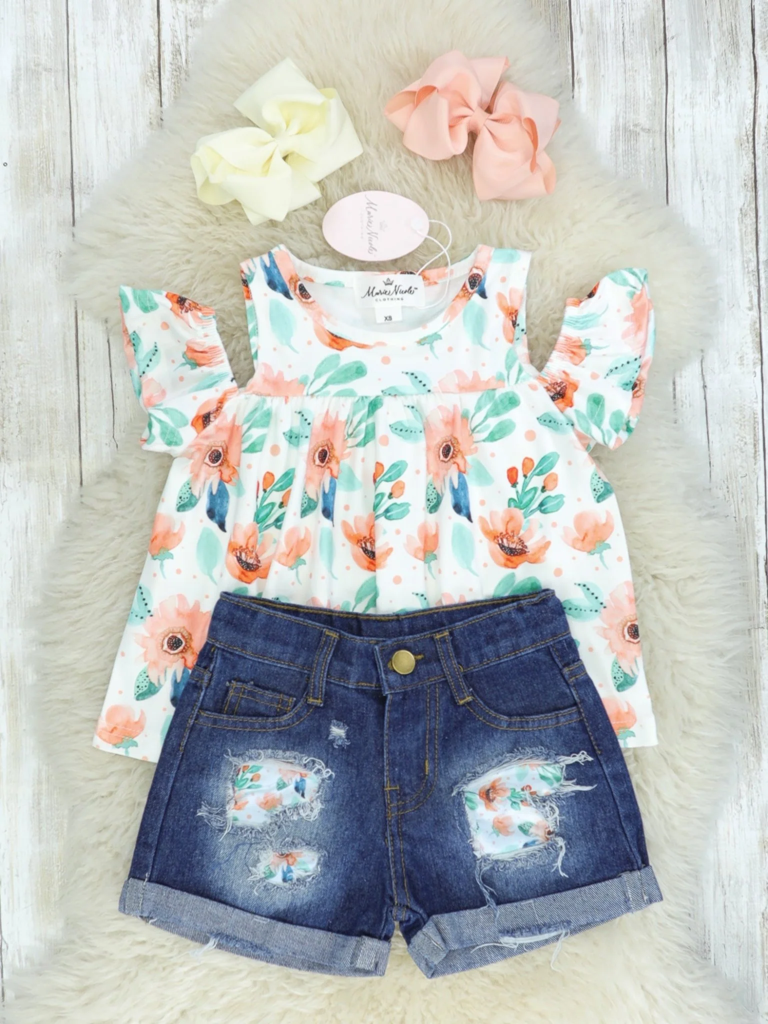Pink & Green Floral Top & Distressed Denim Outfit - Image 2
