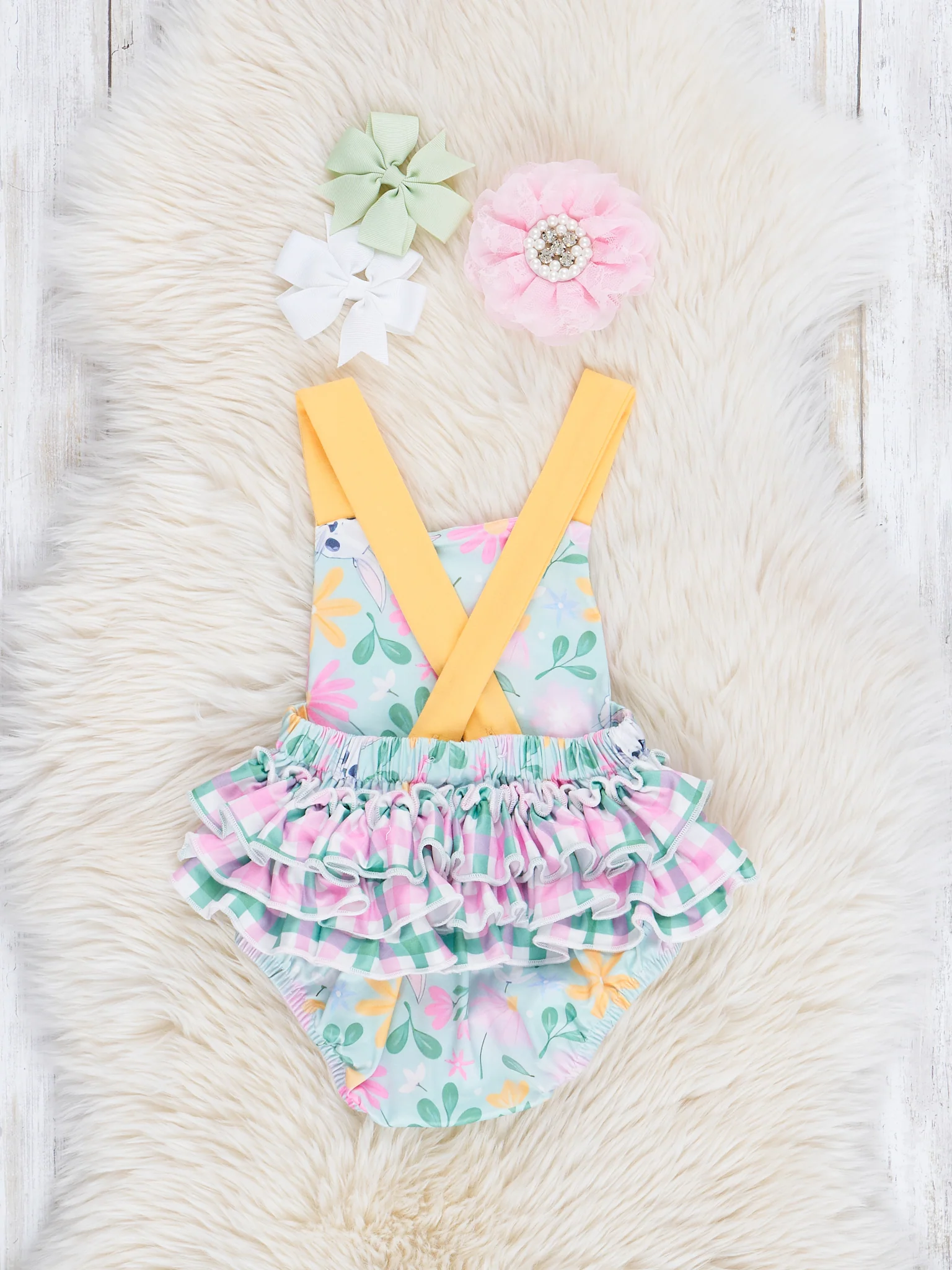 Pink & Green Gingham Bunny Ruffle Bubble Romper - Image 2
