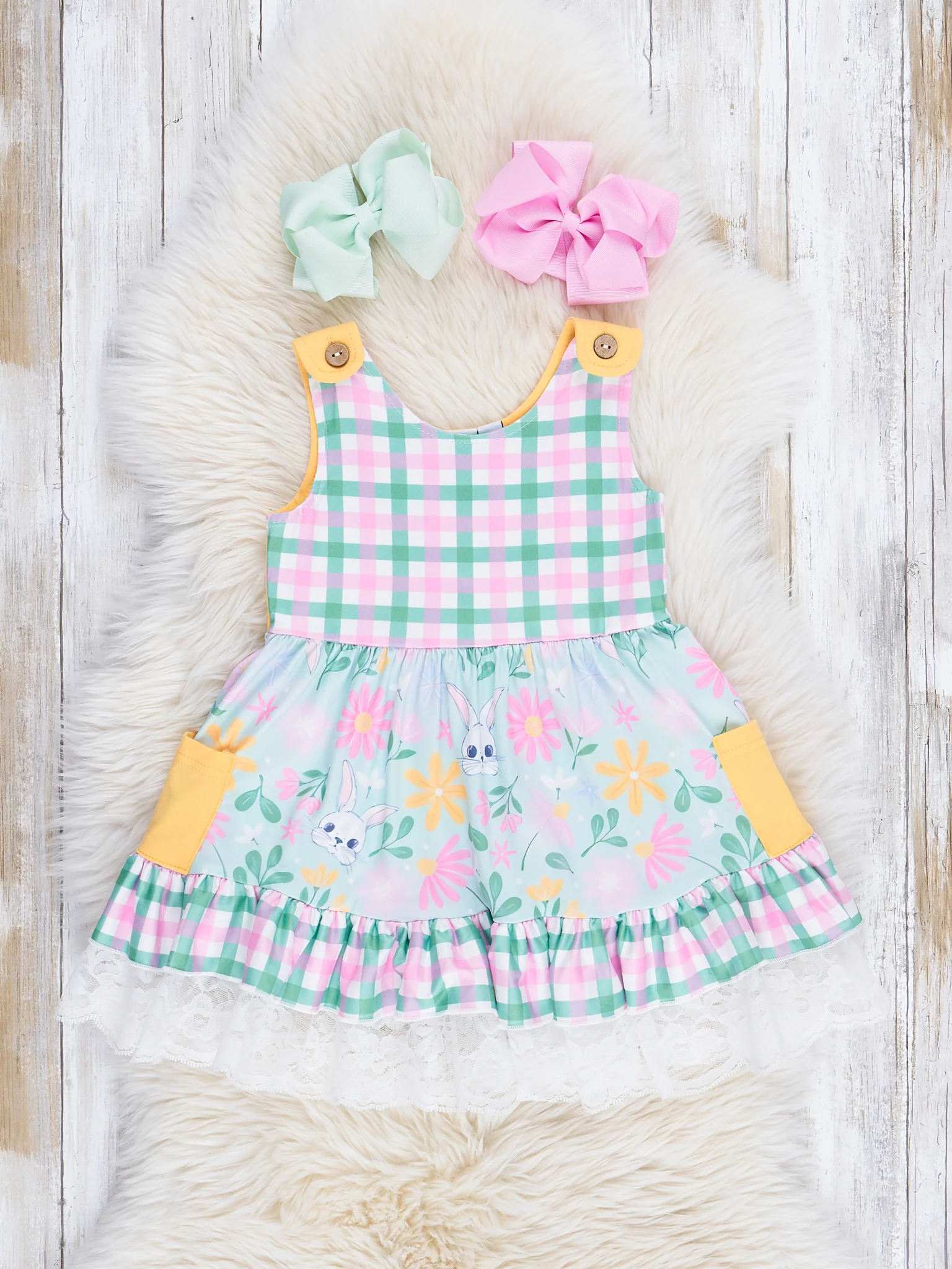 Pink & Green Gingham Bunny Ruffle Dress - Image 2