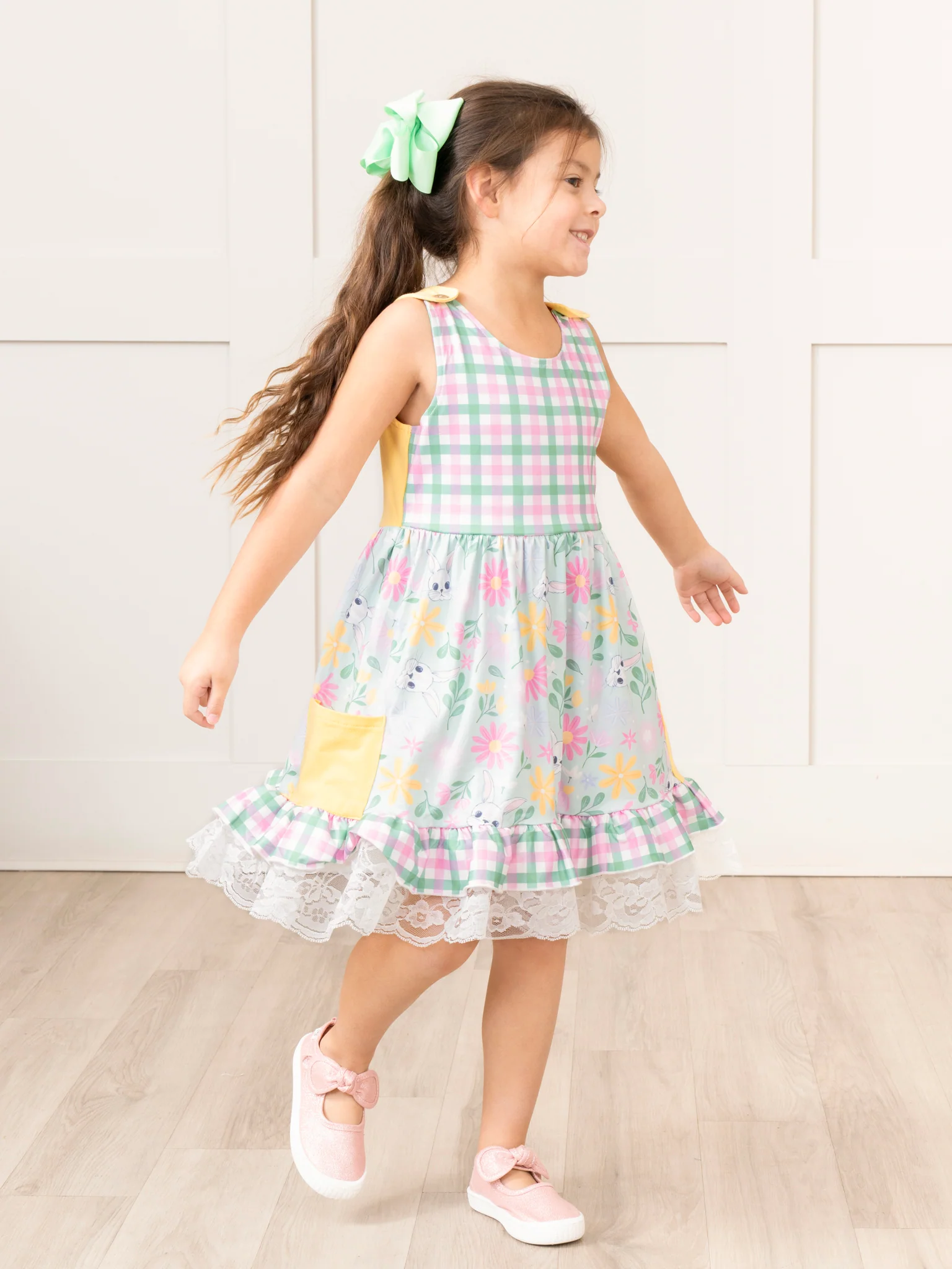 Pink & Green Gingham Bunny Ruffle Dress - Image 3