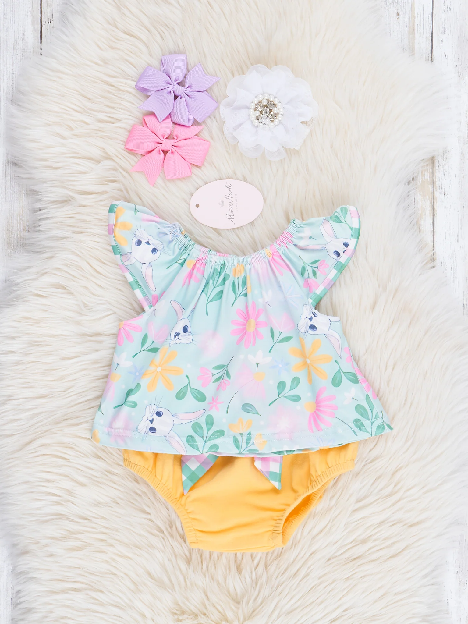 Pink & Green Gingham Bunny Ruffle Top & Bloomers Set