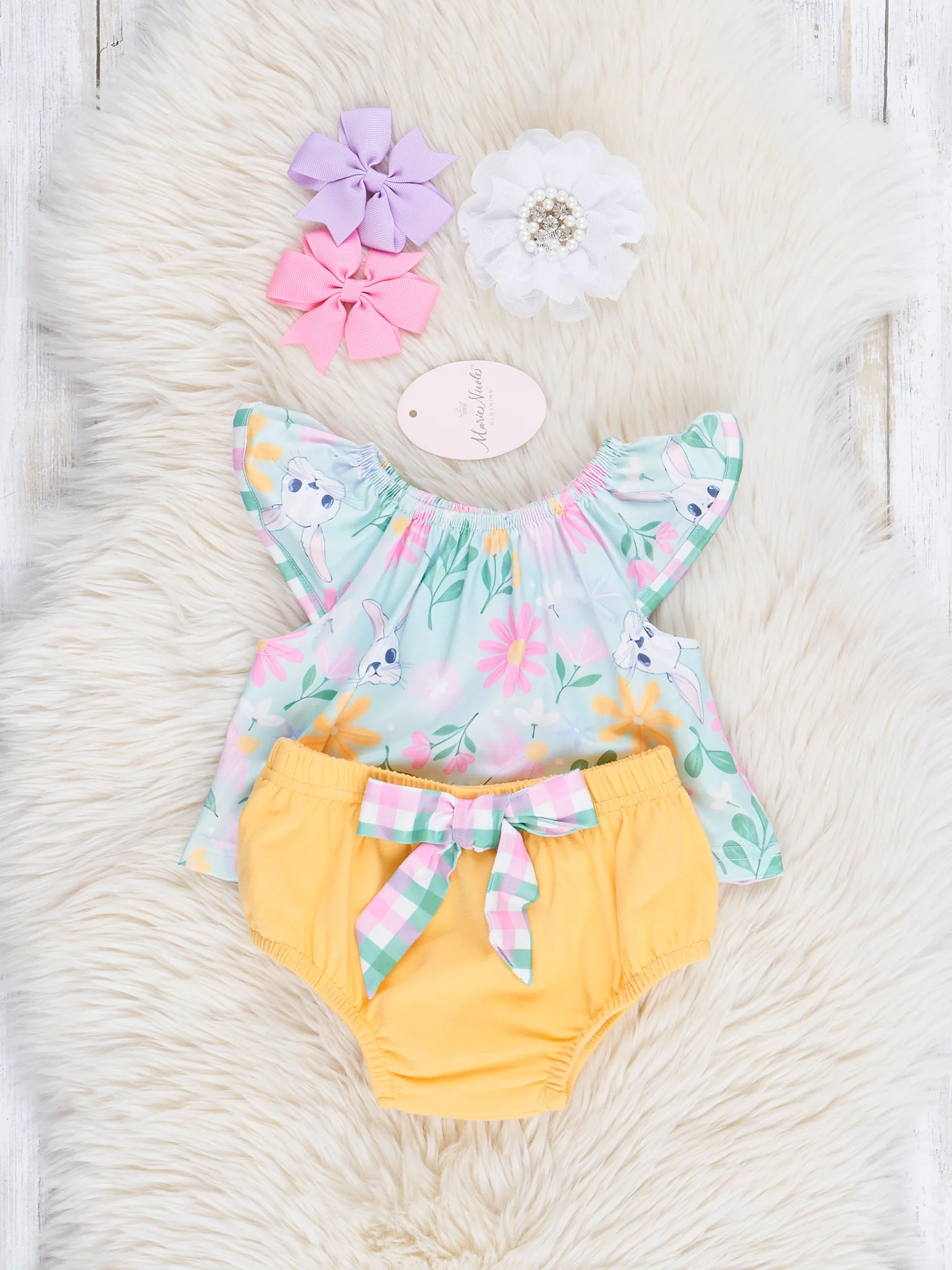 Pink & Green Gingham Bunny Ruffle Top & Bloomers Set - Image 2