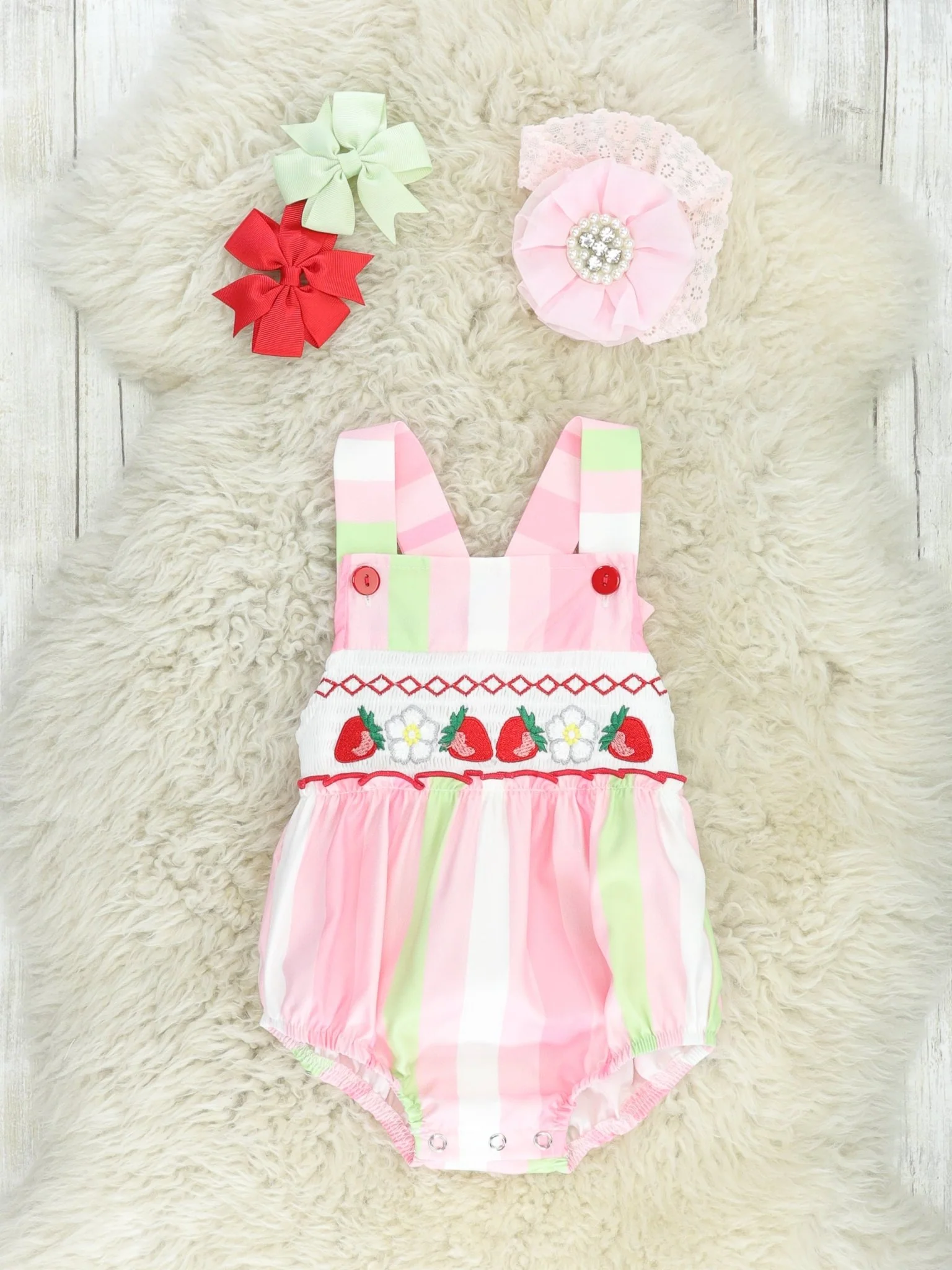 Pink & Green Striped Smocked Strawberry Bubble Romper