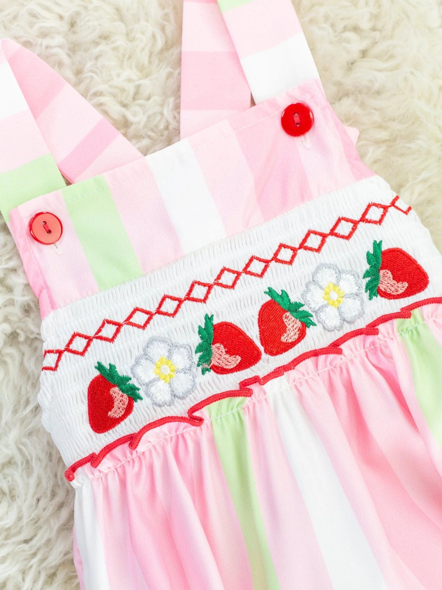 Pink & Green Striped Smocked Strawberry Bubble Romper - Image 2