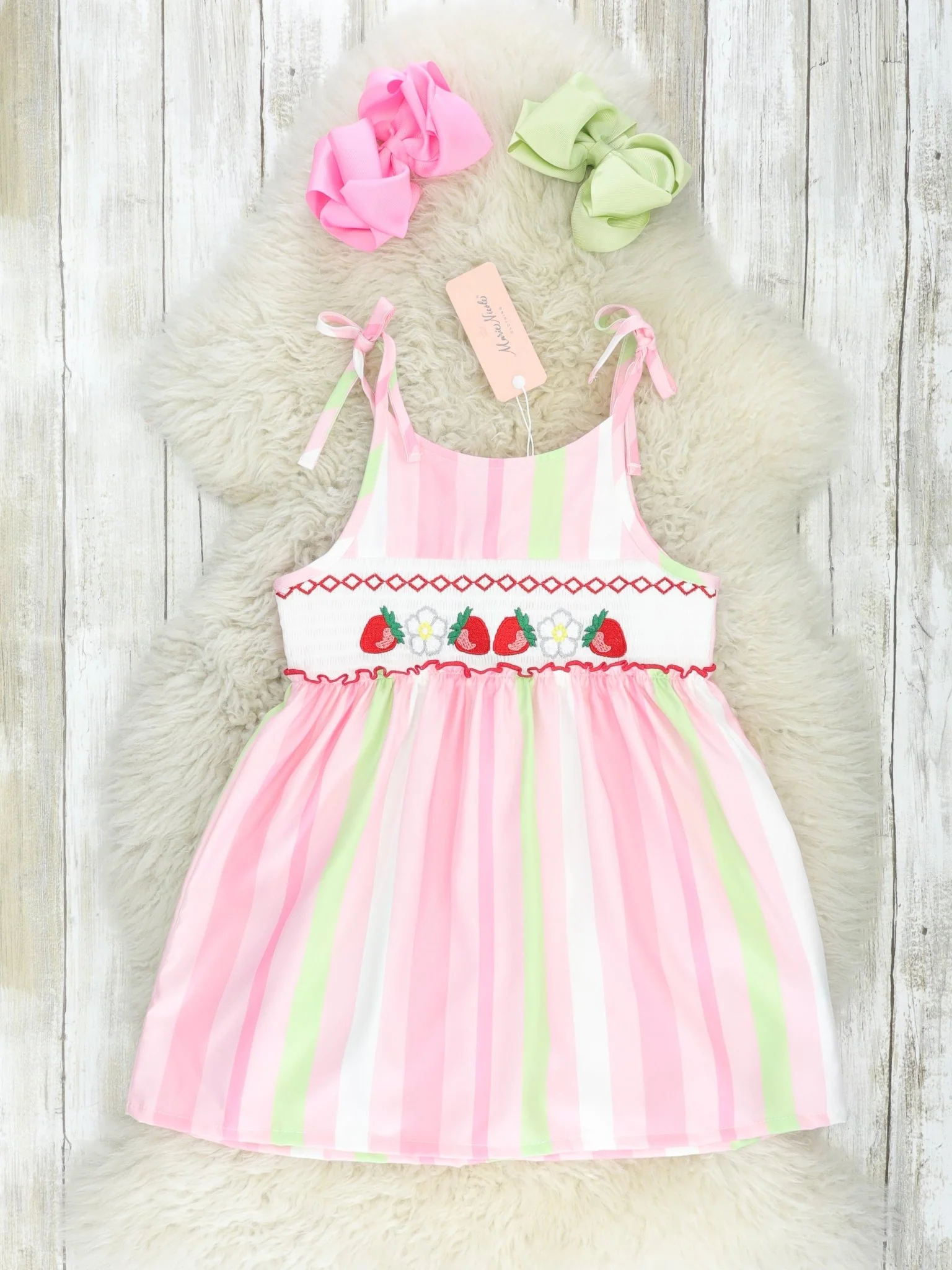 Pink & Green Striped Smocked Strawberry Dress