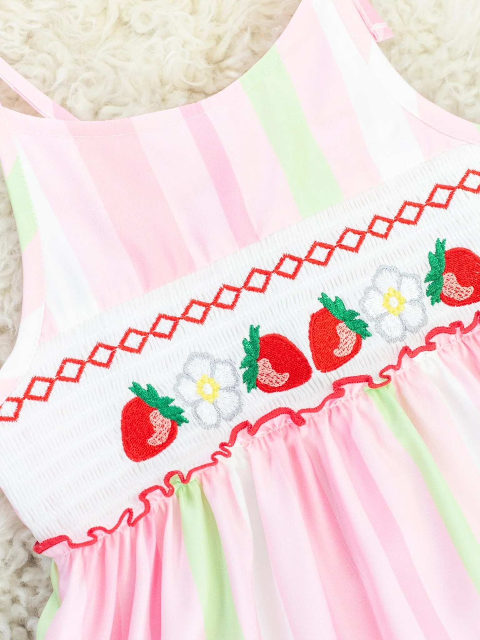 Pink & Green Striped Smocked Strawberry Dress - Image 2
