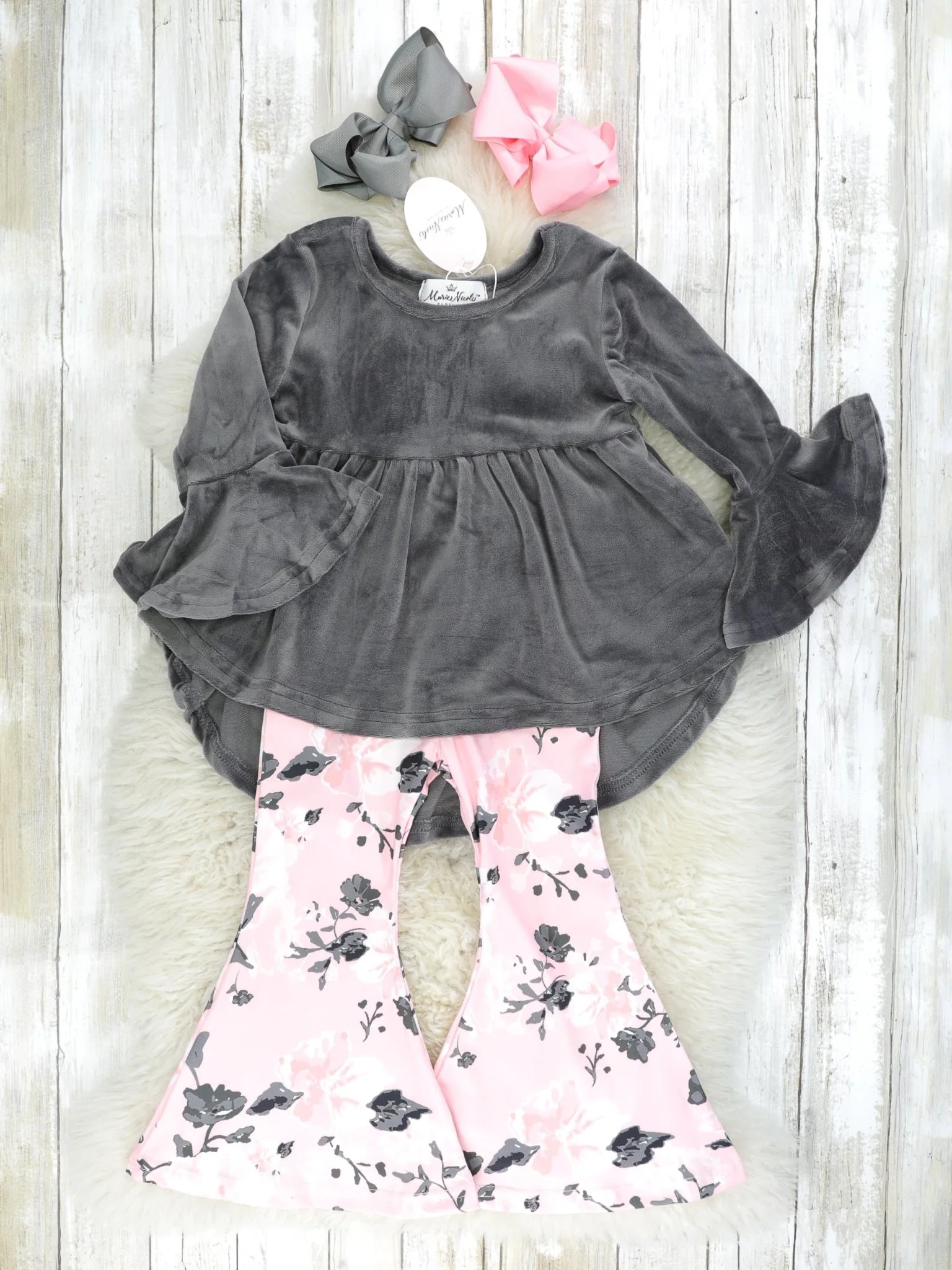Pink & Grey Floral Velvet Bell Bottom Outfit
