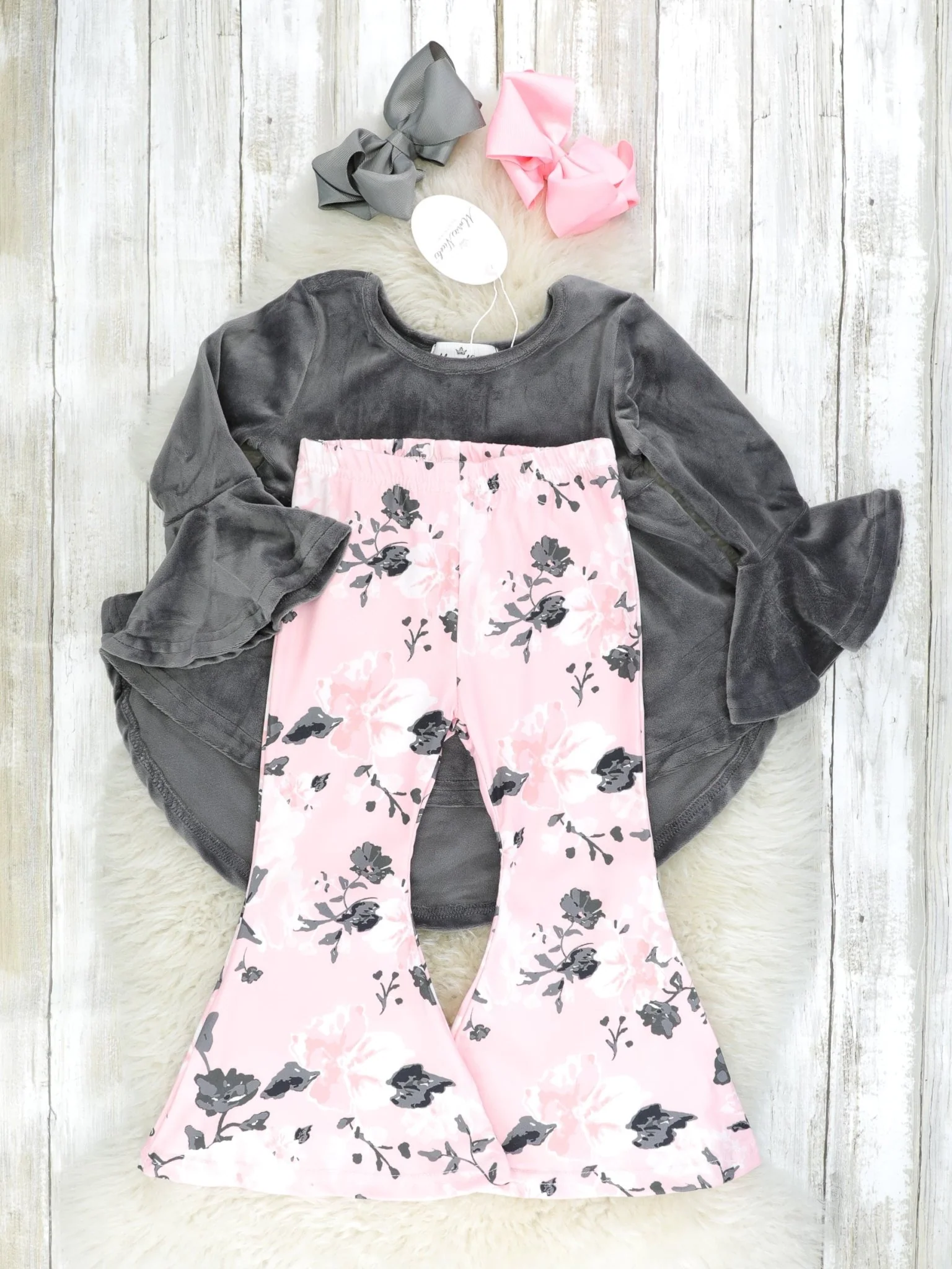 Pink & Grey Floral Velvet Bell Bottom Outfit - Image 2