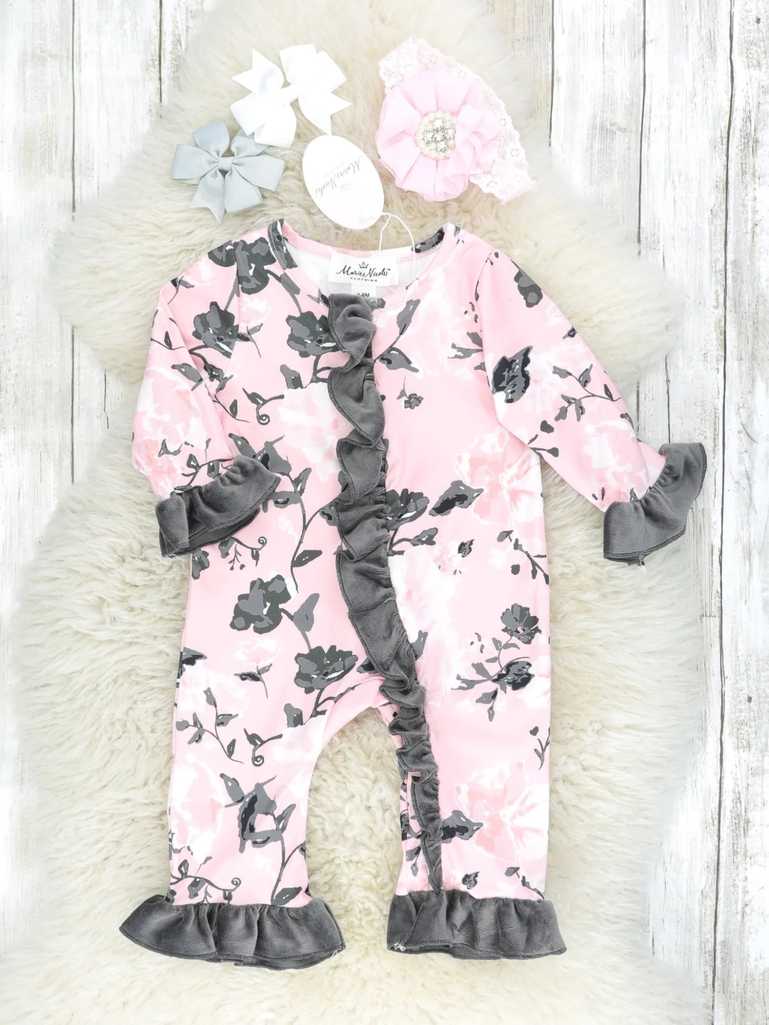 Pink & Grey Floral Velvet Ruffle Romper