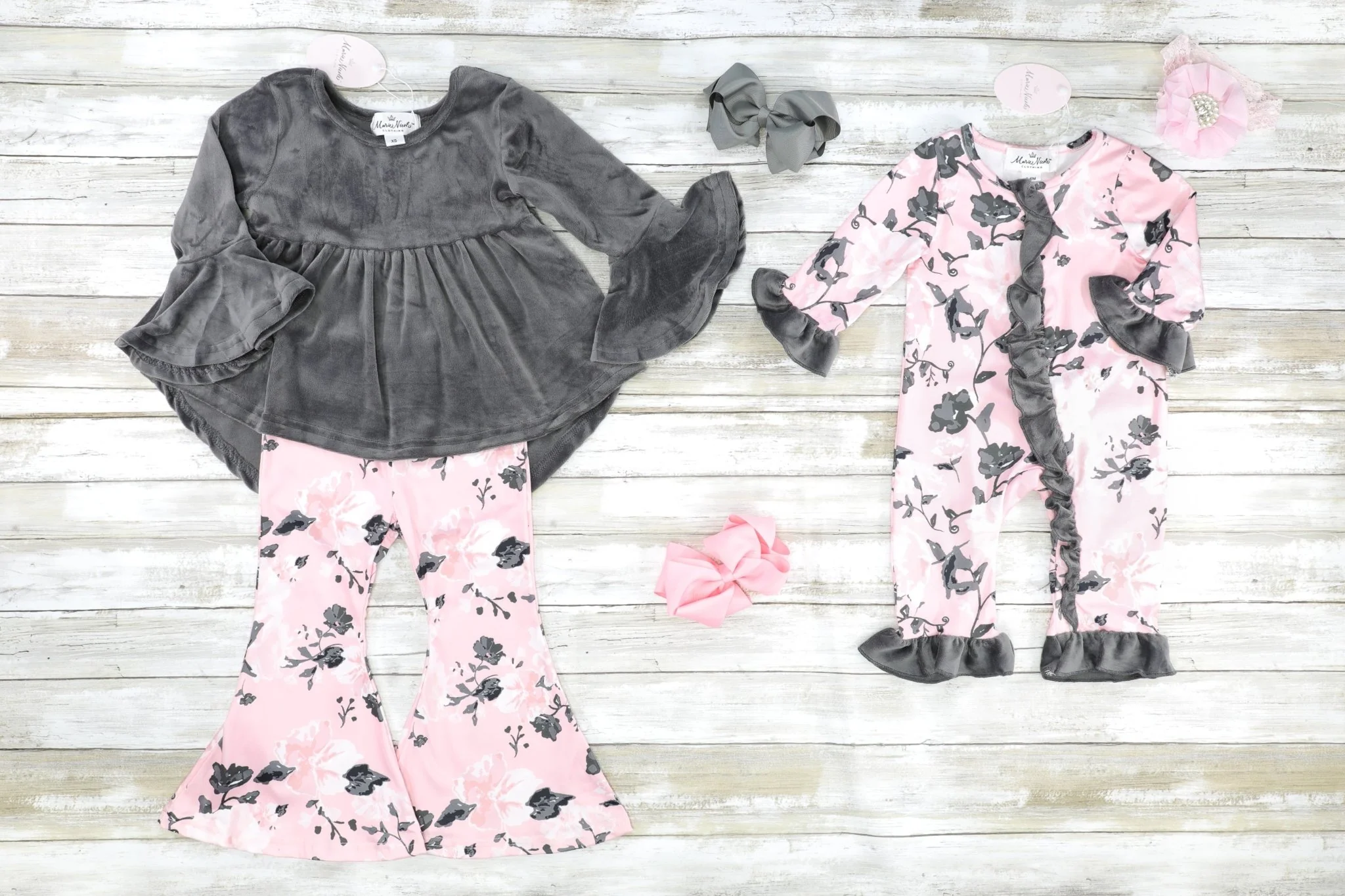 Pink & Grey Floral Velvet Ruffle Romper - Image 2