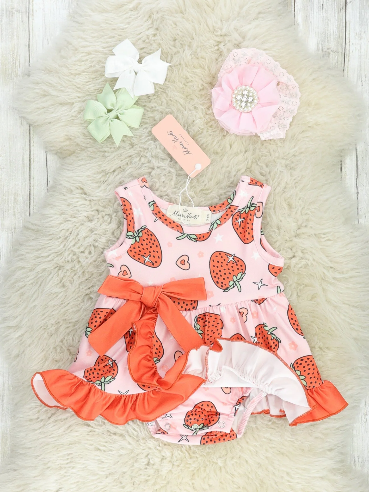 Pink & Red Strawberry Ruffle Dressy Bubble Romper - Image 2