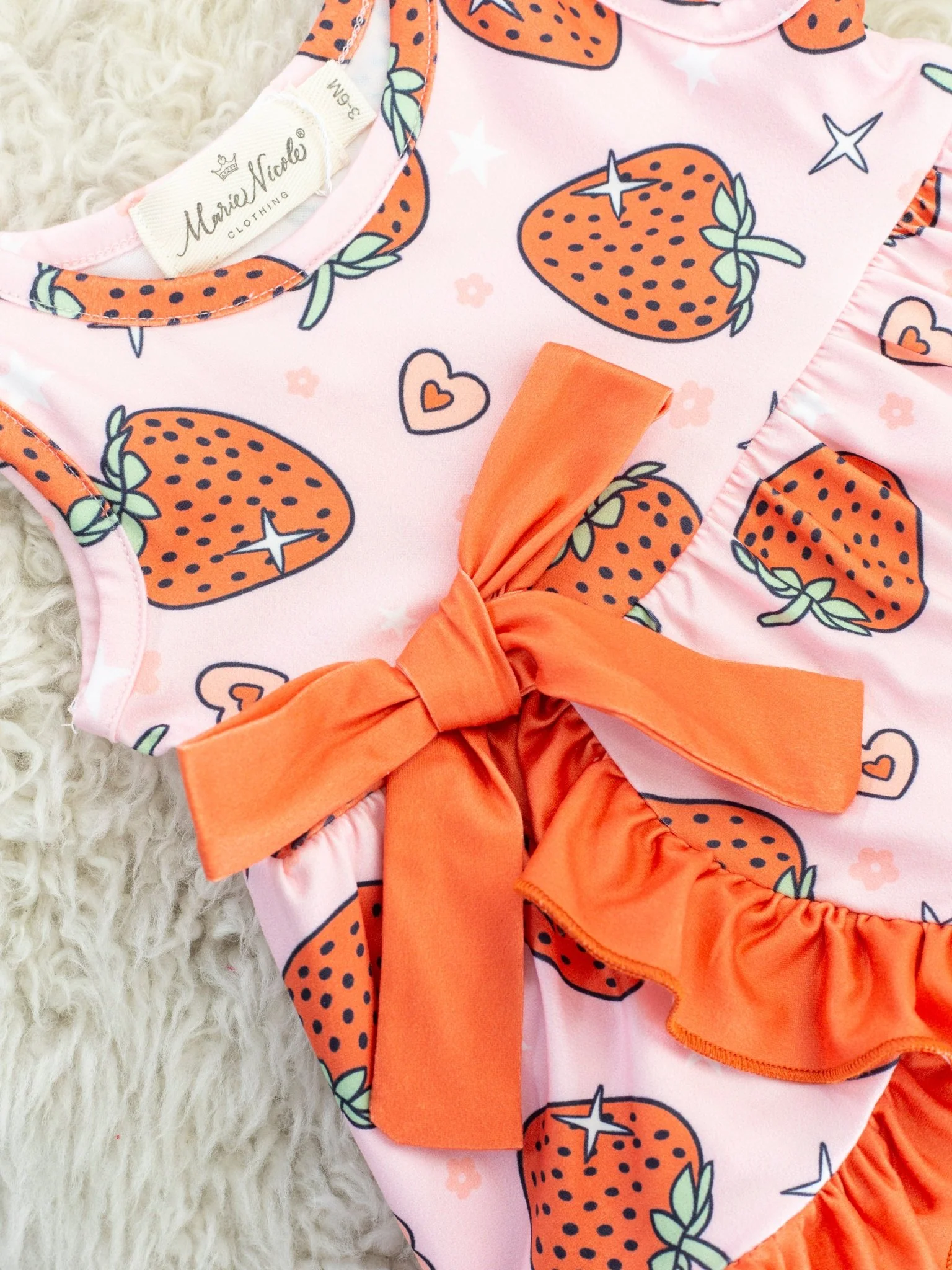 Pink & Red Strawberry Ruffle Dressy Bubble Romper - Image 3