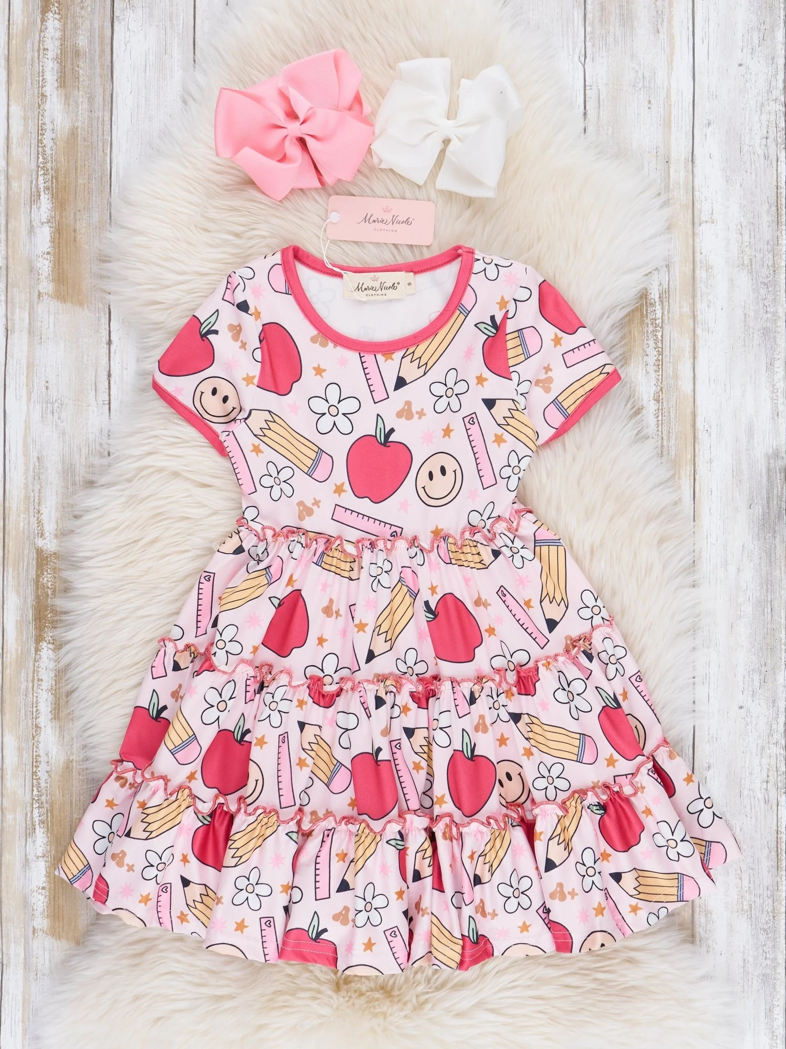 Pink Apples & Pencils Tiered Ruffle Dress - Image 2