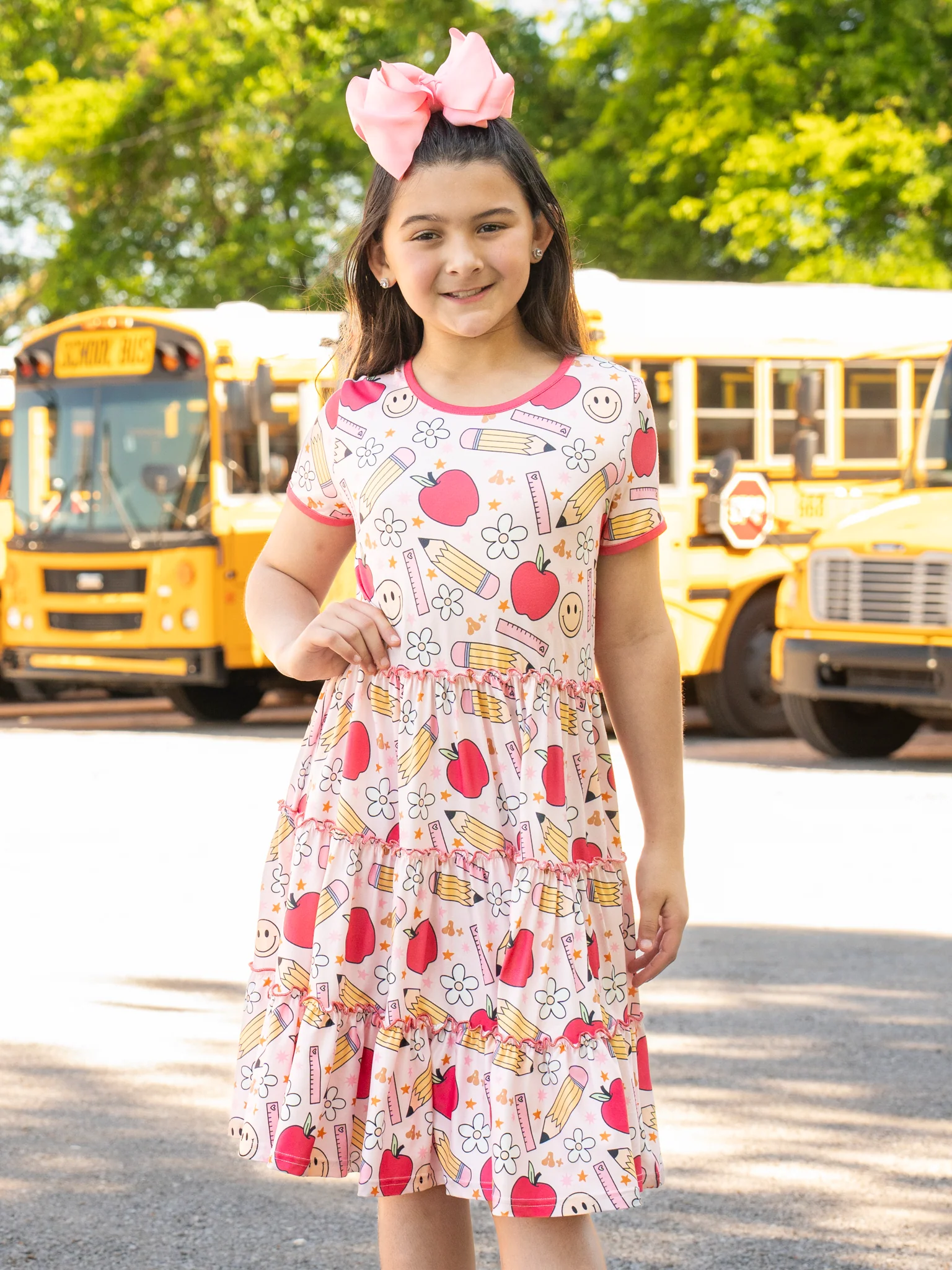 Pink Apples & Pencils Tiered Ruffle Dress - Image 3