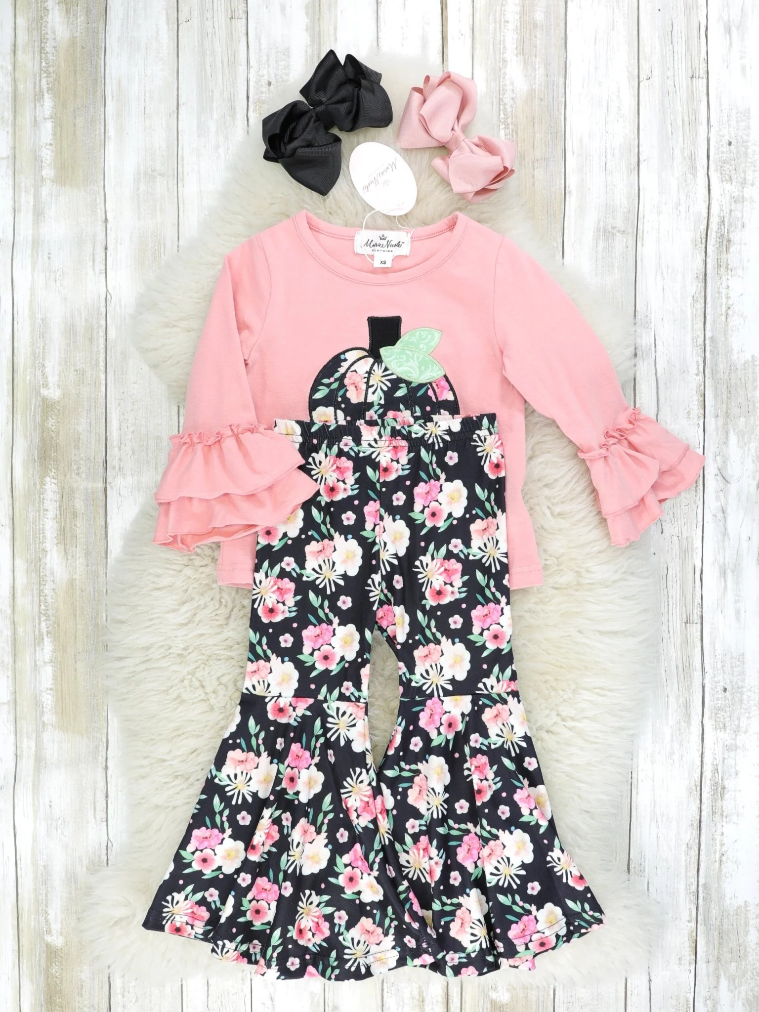 Pink & Black Floral Pumpkin Bell Bottom Outfit - Image 2