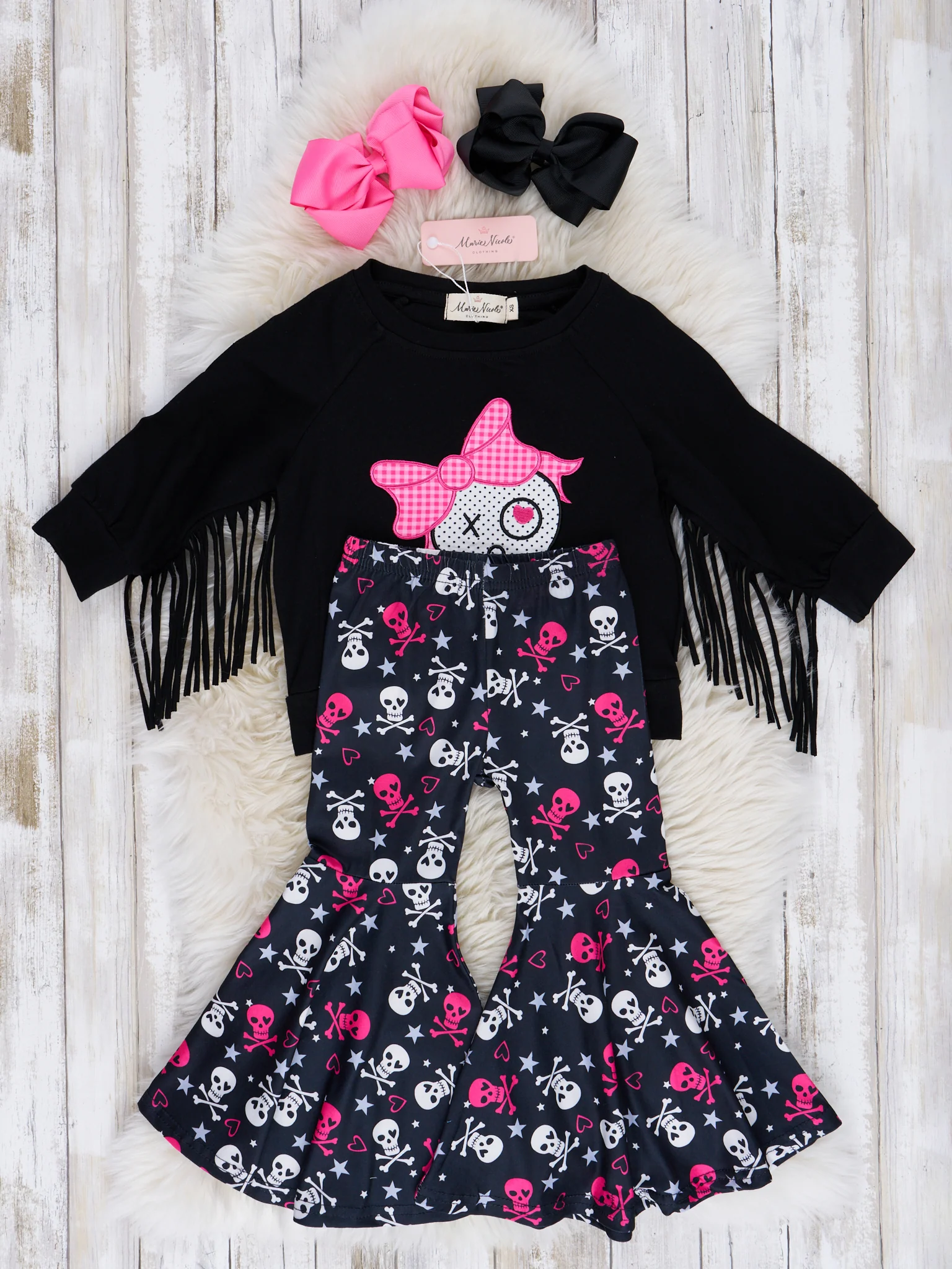 Pink & Black Fringe Skull Bell Bottom Outfit - Image 2
