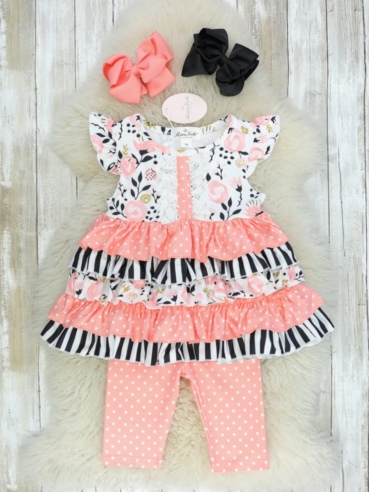 Pink, Black, & White Tiered Ruffle Tunic & Capris Outfit