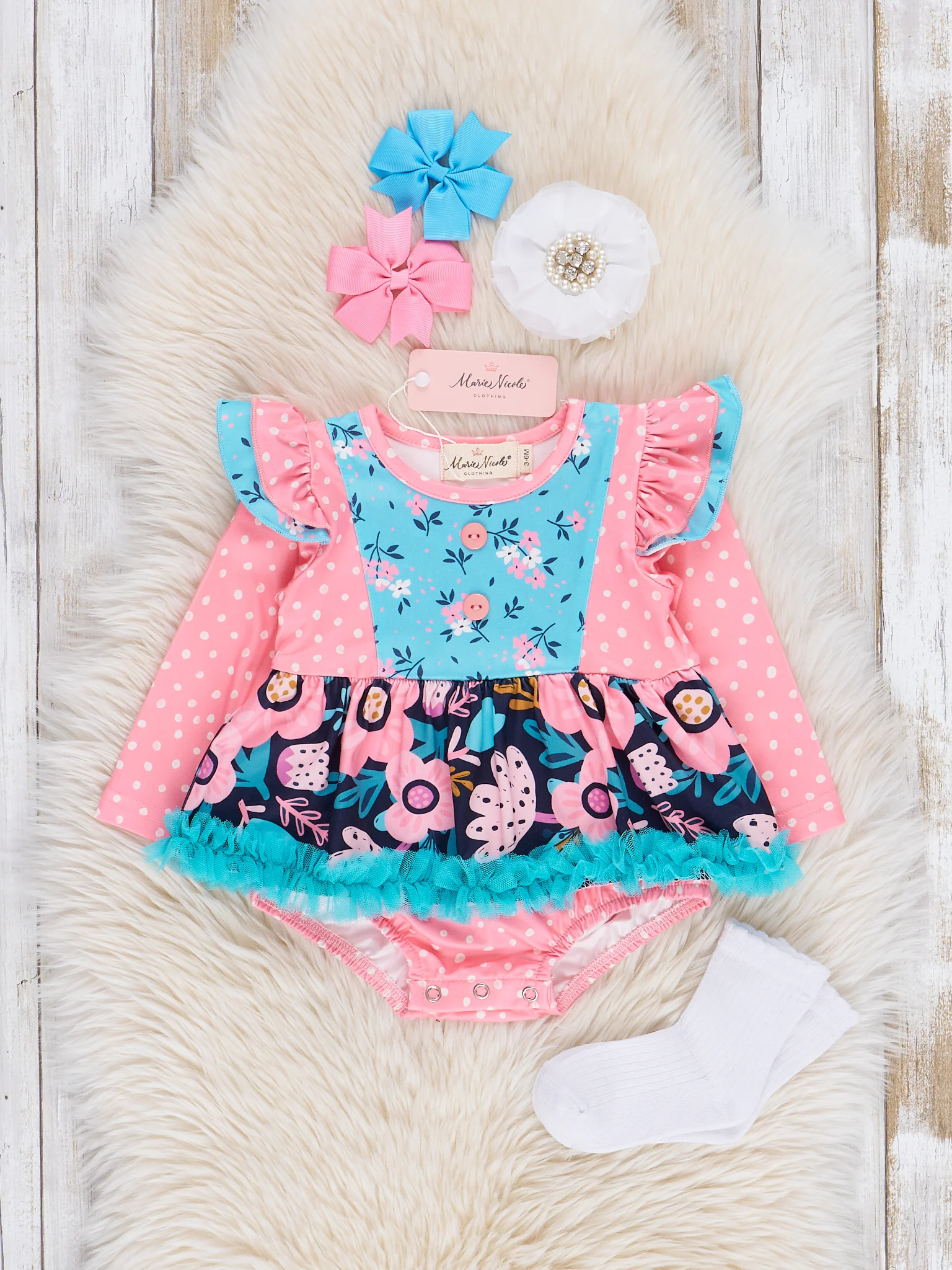 Pink & Blue Beautiful Blooms Ruffle Bubble Romper