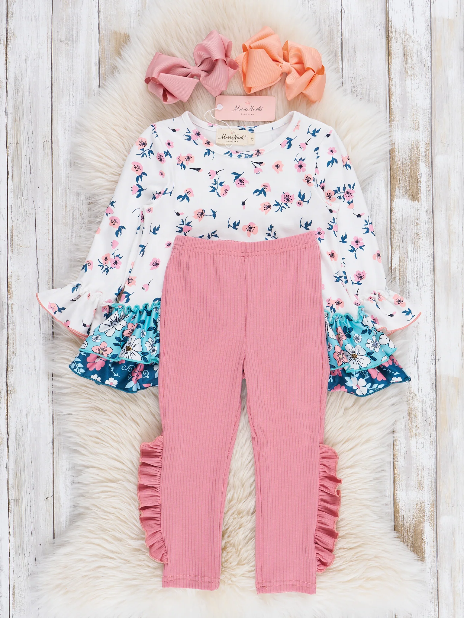 Pink & Blue Ditsy Floral Ruffle Outfit - Image 2
