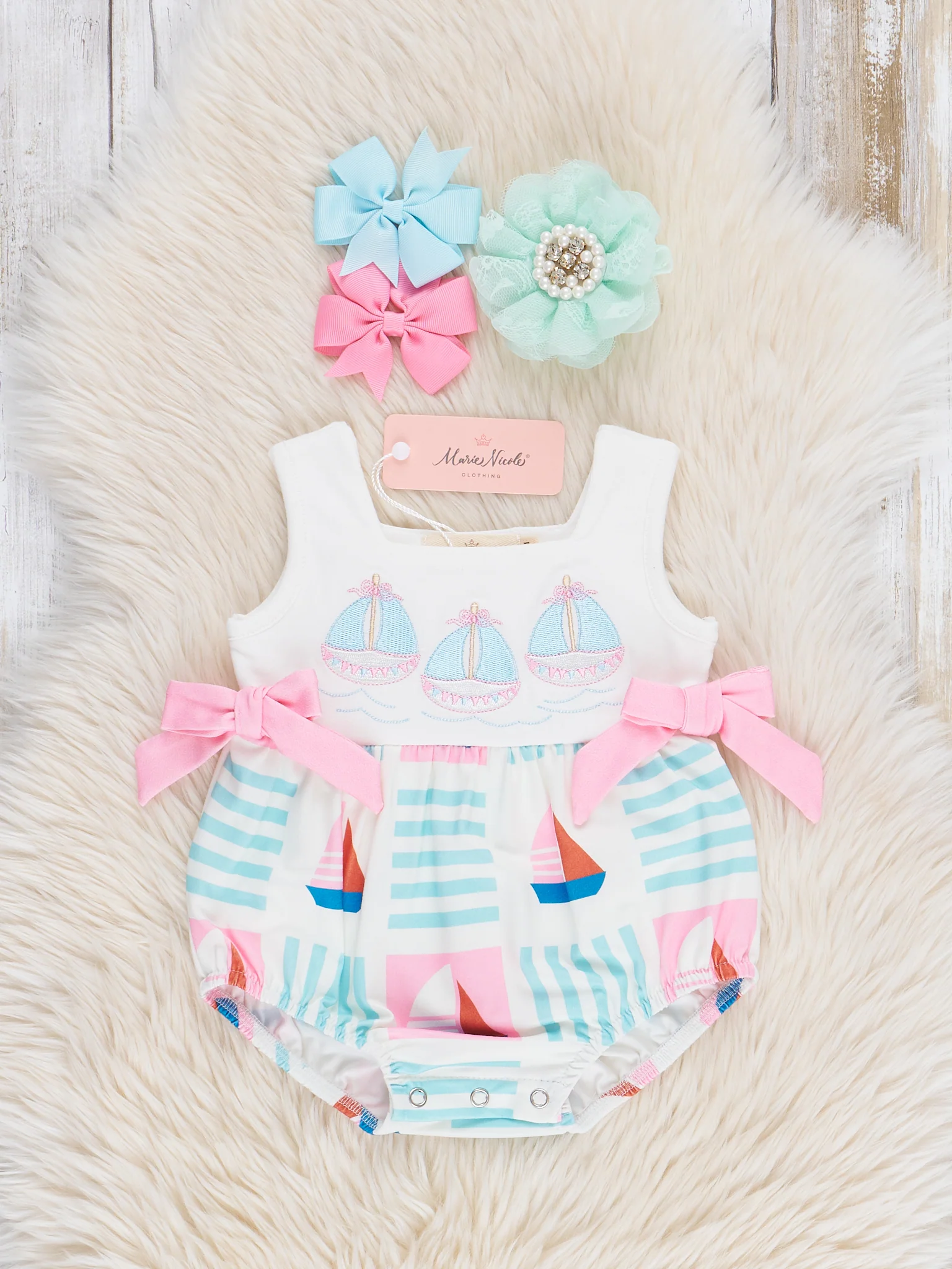Pink & Blue Embroidered Sailboats Bubble Romper