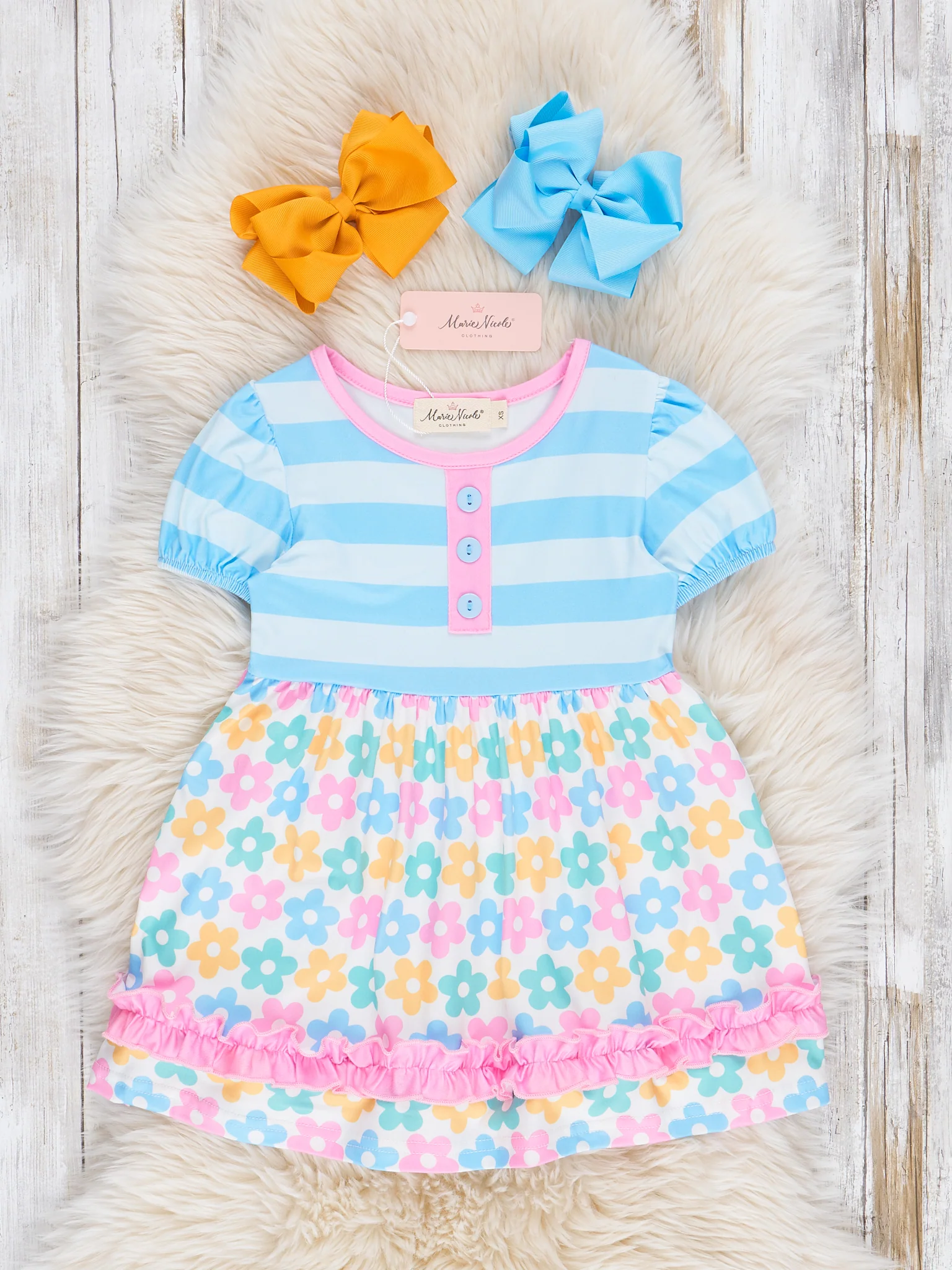 Pink Blue Flowers Stripes Dress