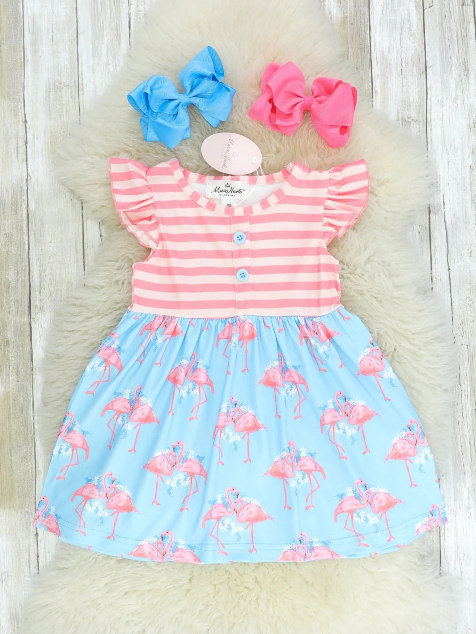 Pink & Blue Flamingo Flutter Sleeve Floral Dress