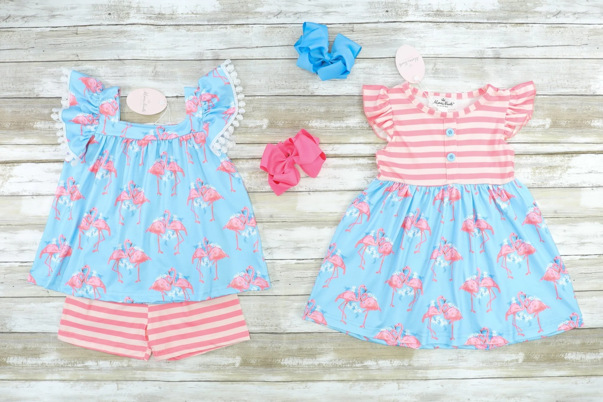 Pink & Blue Flamingo Flutter Sleeve Floral Dress - Image 2