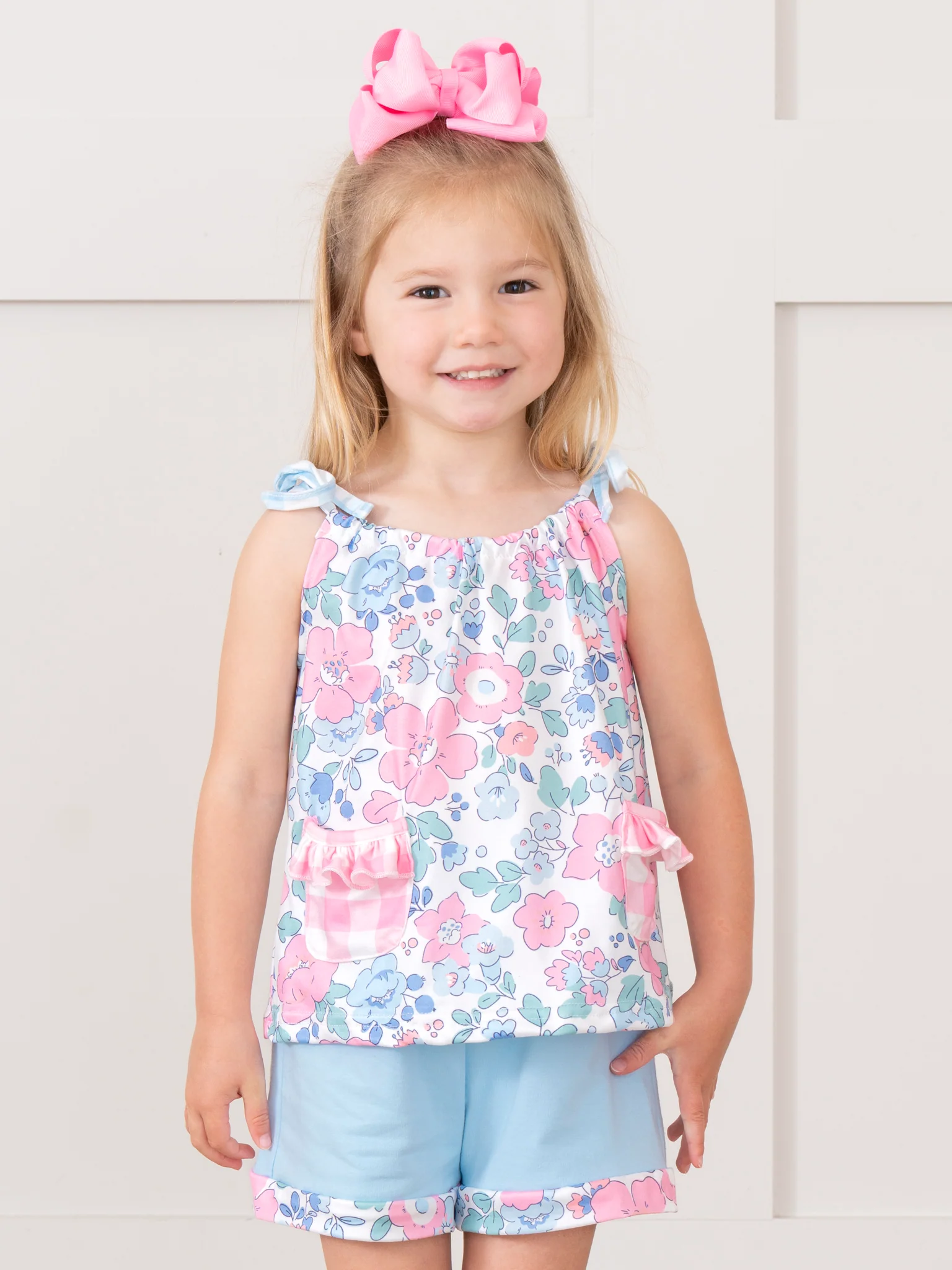 Pink & Blue Gingham Floral Bloomers Outfit